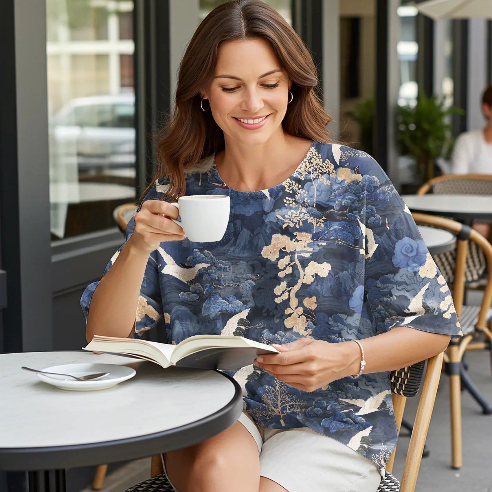 Women Casual Blouse Elbow Sleeve Round Neck Button-Back 95% Tencel, 5% Linen Blue Aloha Oriental Crane Landscape