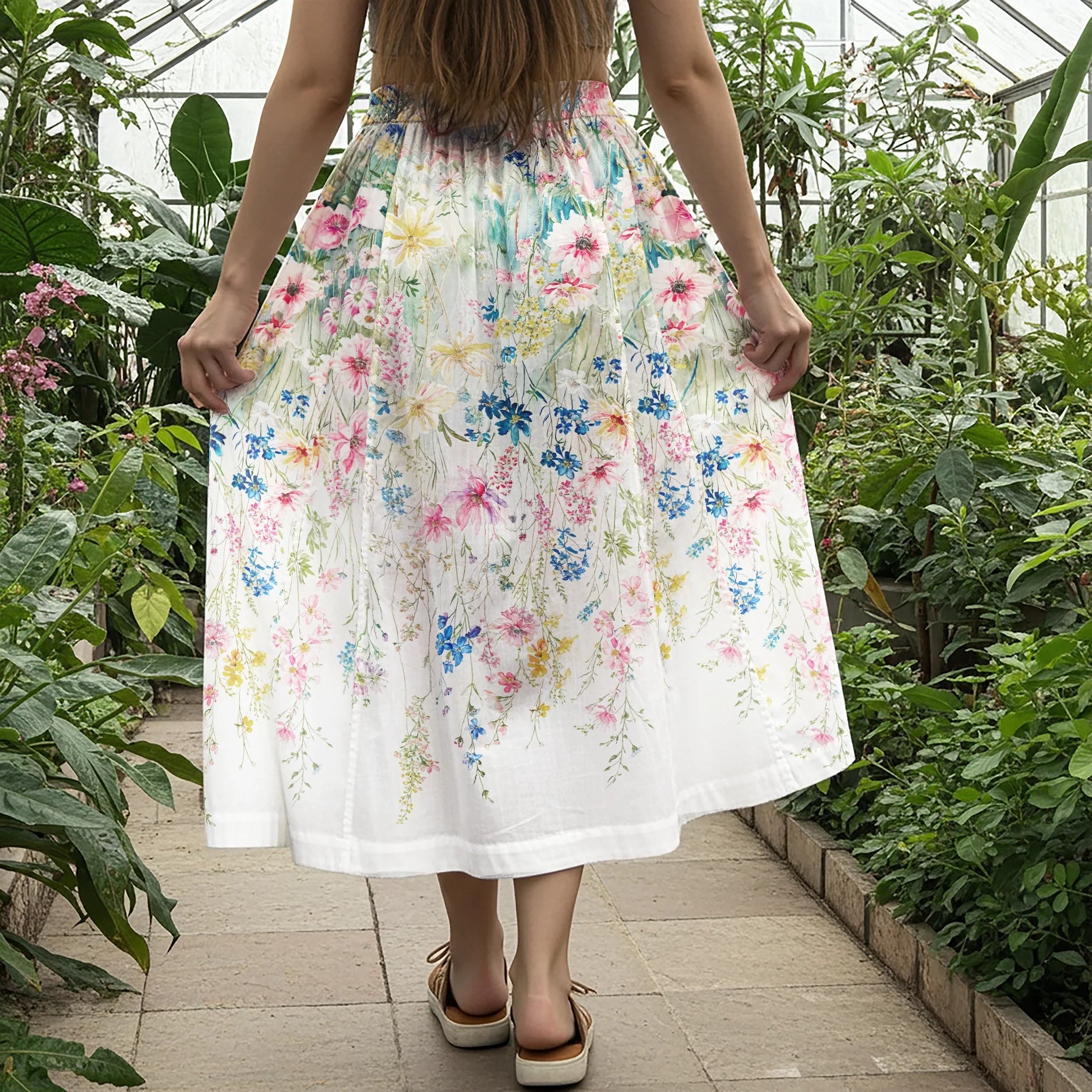 Women Casual Maxi Skirt Long Elastic Waist with Pockets 100% Cotton Aloha Light Floral Shower