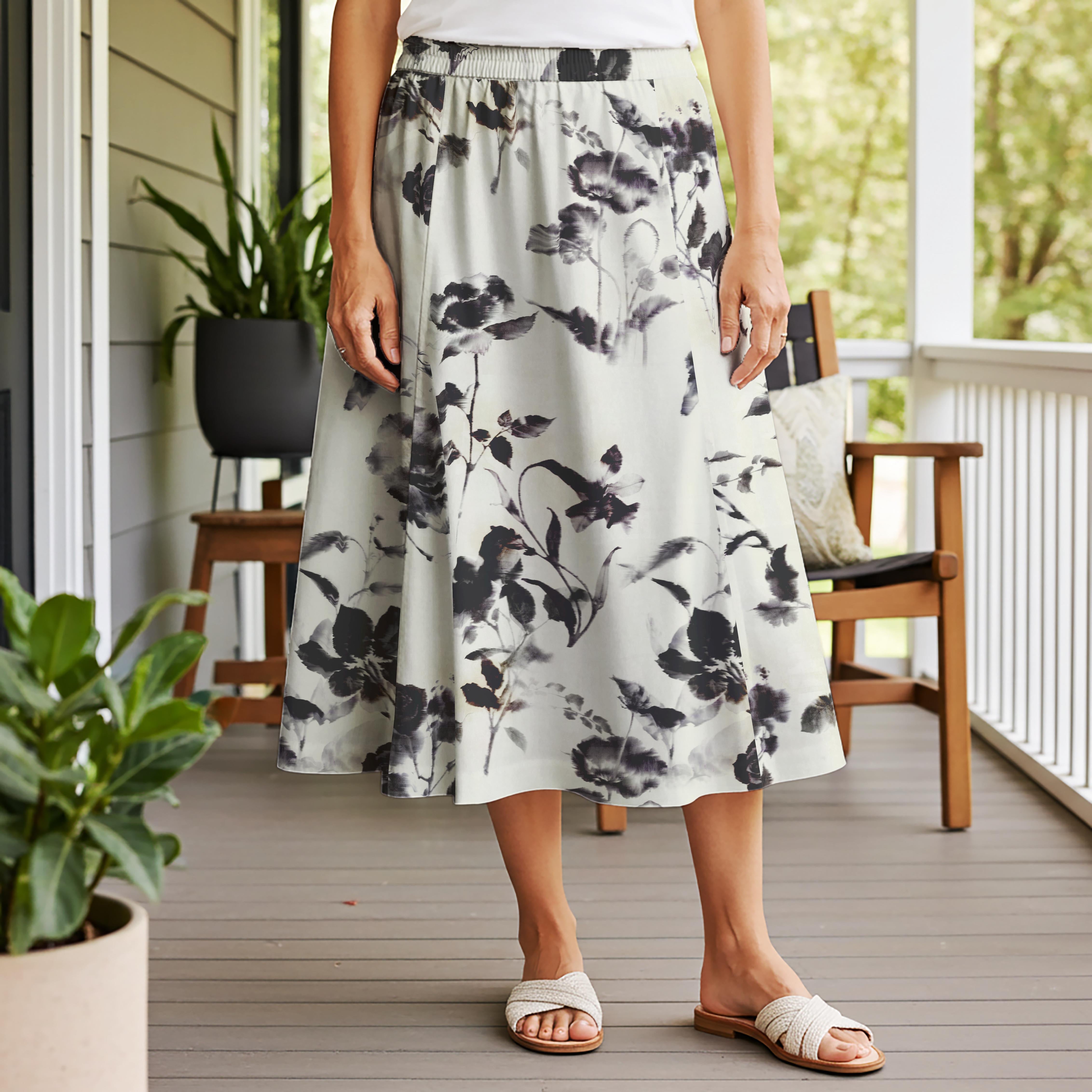 Women Casual Maxi Skirt Long Elastic Waist 100% Cotton Black Aloha Dream Of Ink Flowers