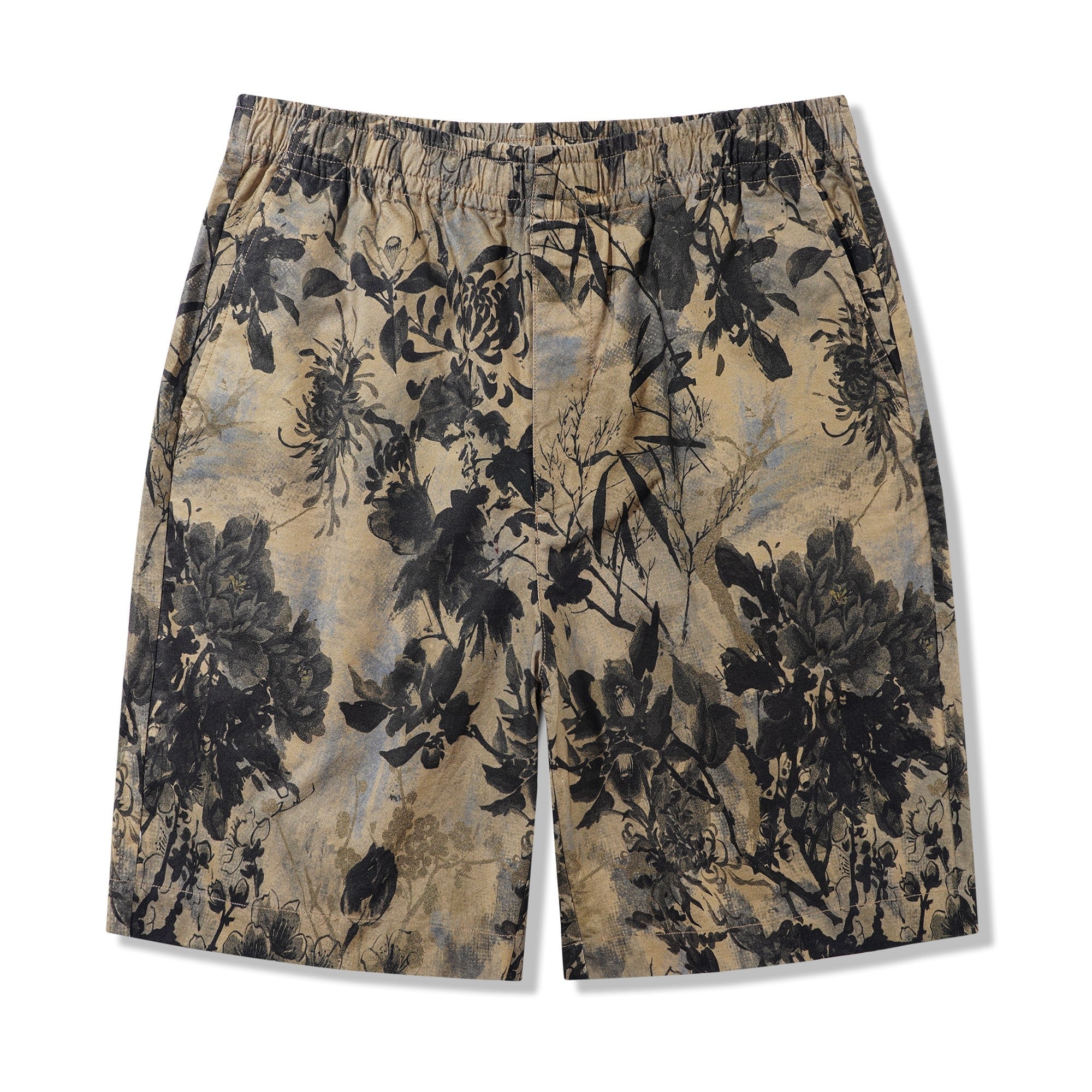 Men's Printed Floral Drawstring Shorts 100% Cotton Brown Aloha Oriental Essence