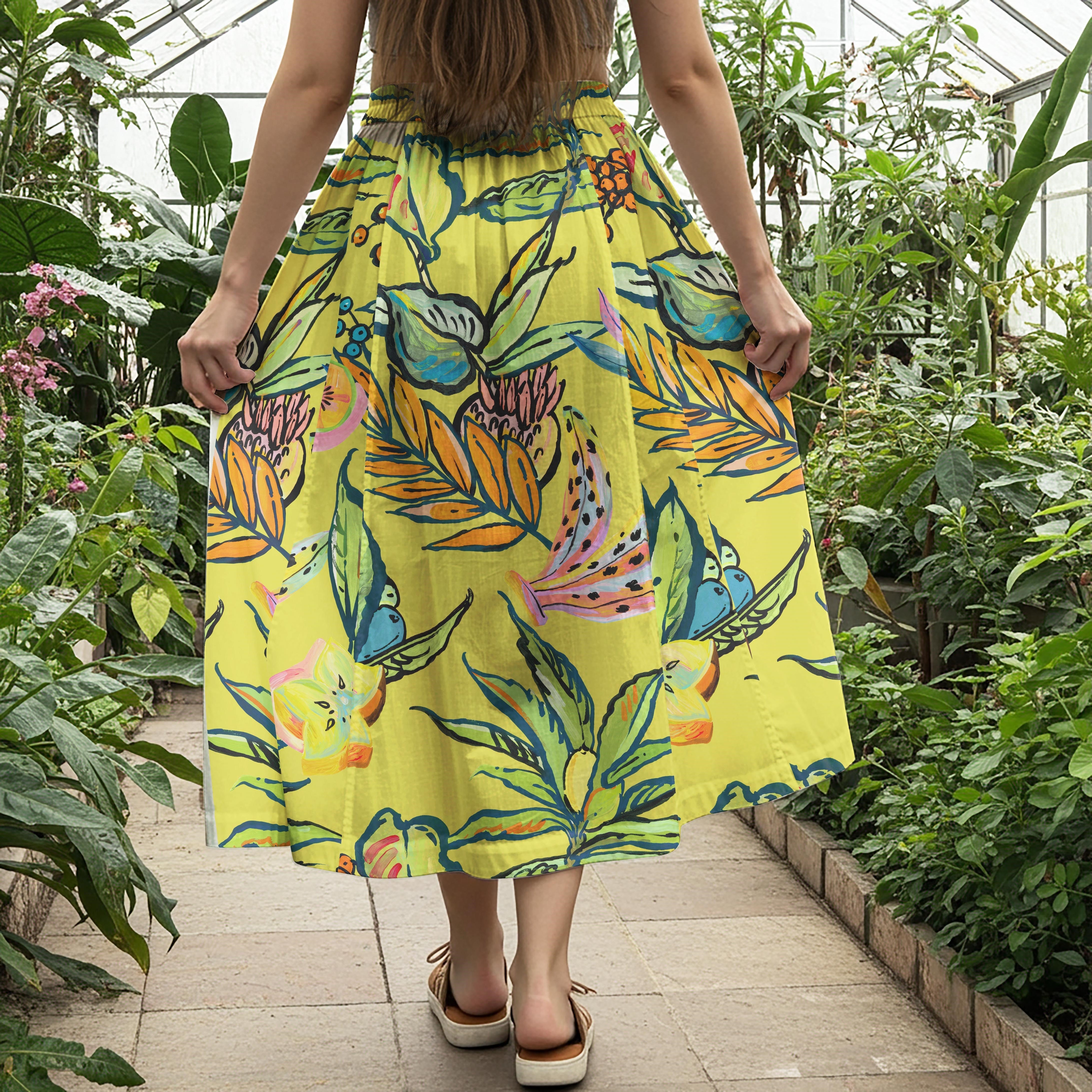 Women Casual Maxi Skirt Long Elastic Waist with Pockets 100% Cotton Yellow Aloha Vibrant Jungle Feast