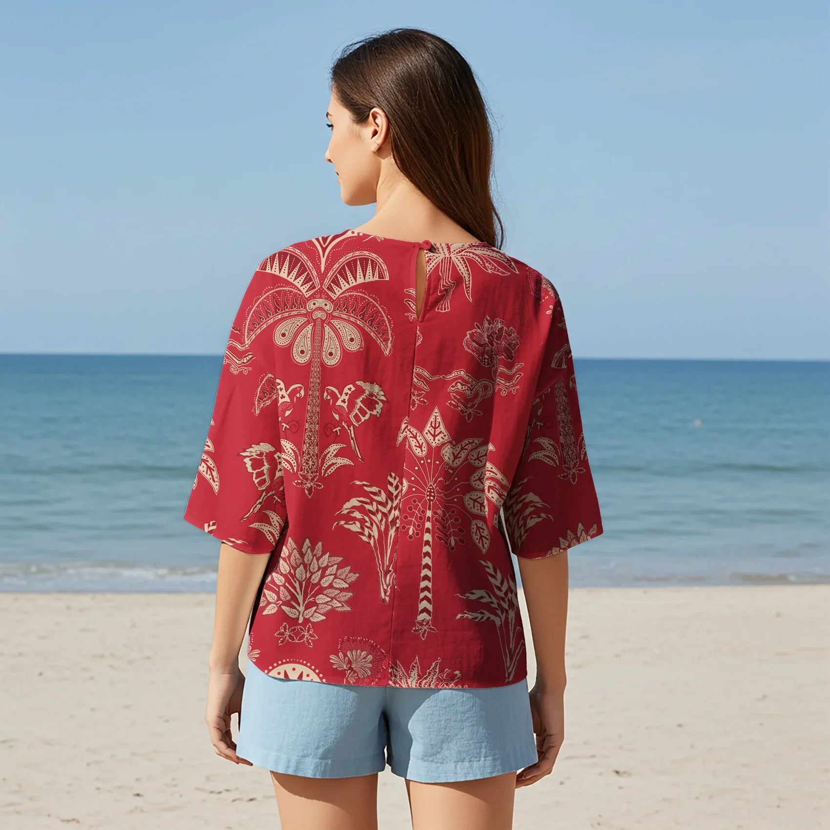 Women Casual Blouse Elbow Sleeve Round Neck Button-Back 95% Tencel, 5% Linen Red Aloha Retro Tropical Sparkle