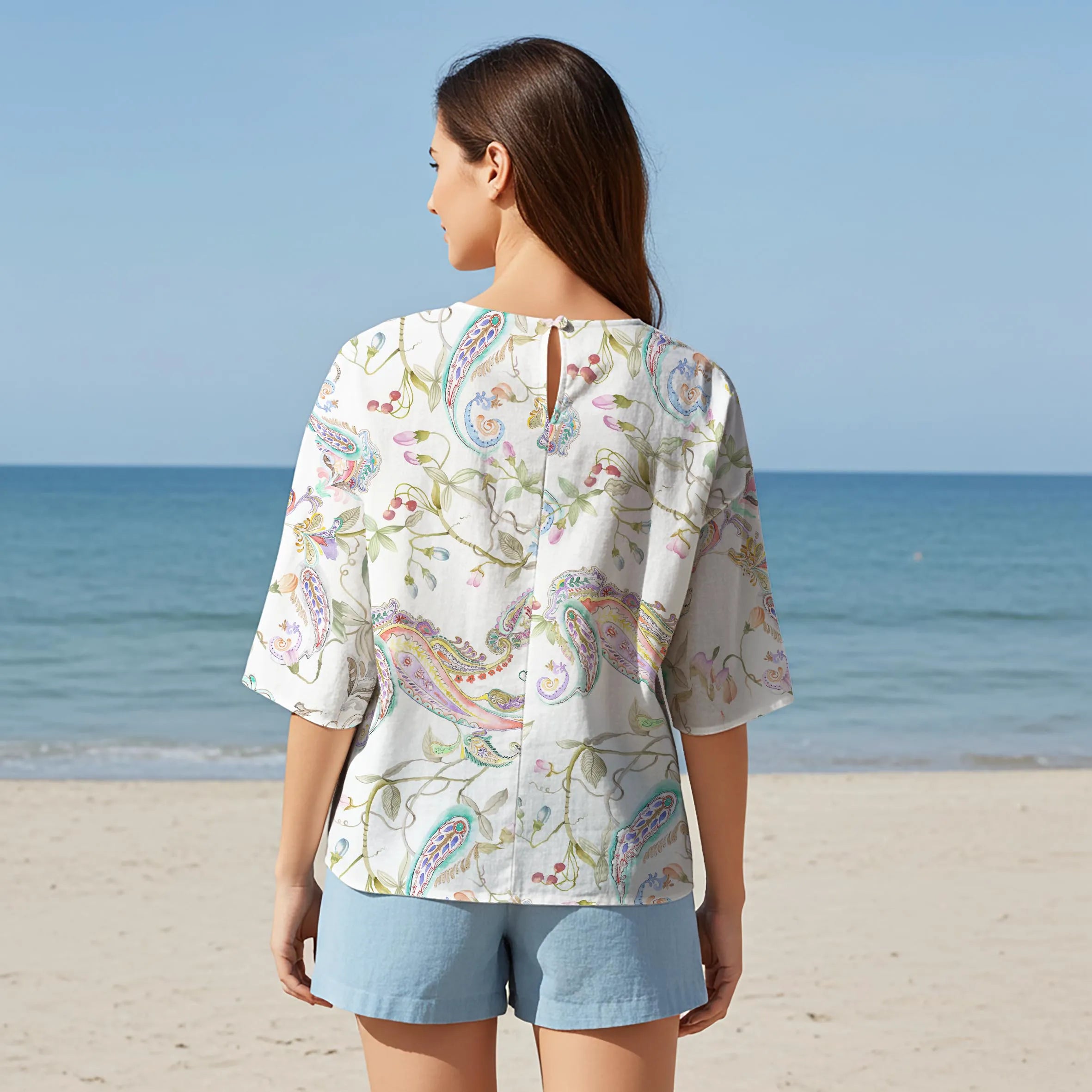 Women Casual Blouse Elbow Sleeve Round Neck Button-Back 95% Lyocell, 5% Linen Green Aloha Fantasy Paisley Garden