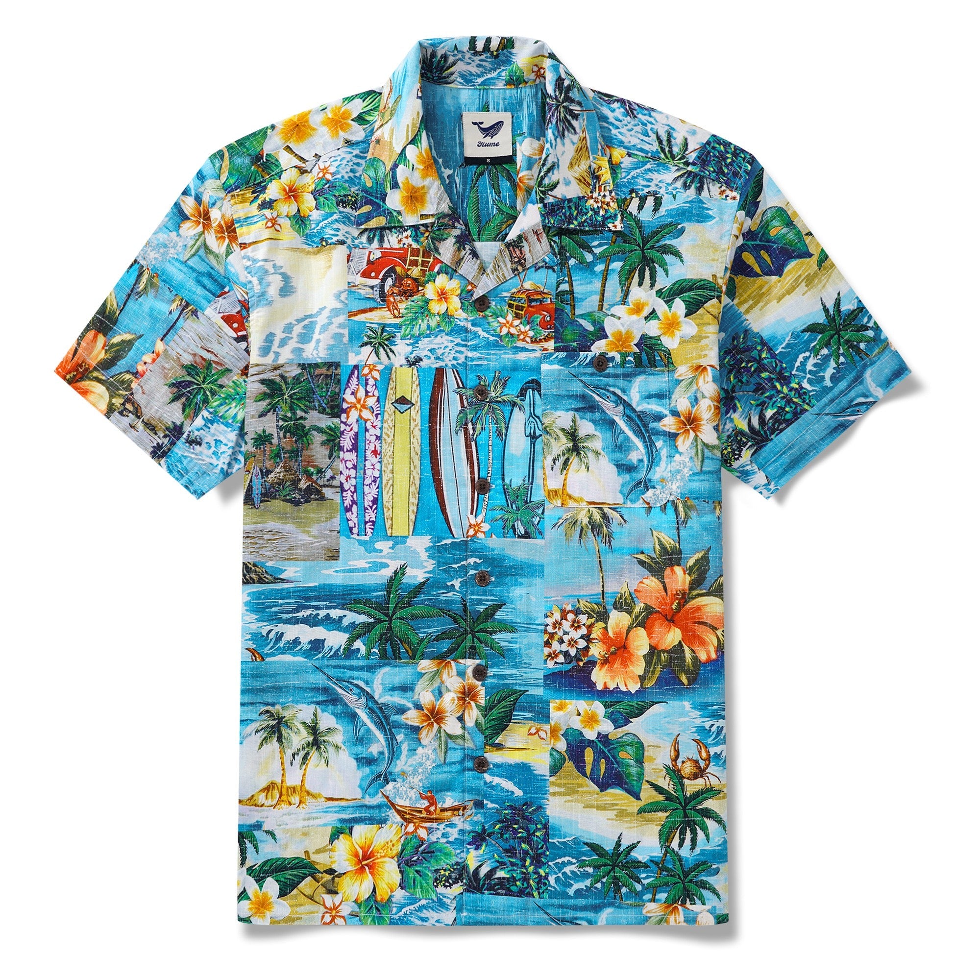 Men's Hawaiian Shirt Short Sleeve Camp Collar 100% Cotton Blue Aloha Hawaiian Beach Collage Art