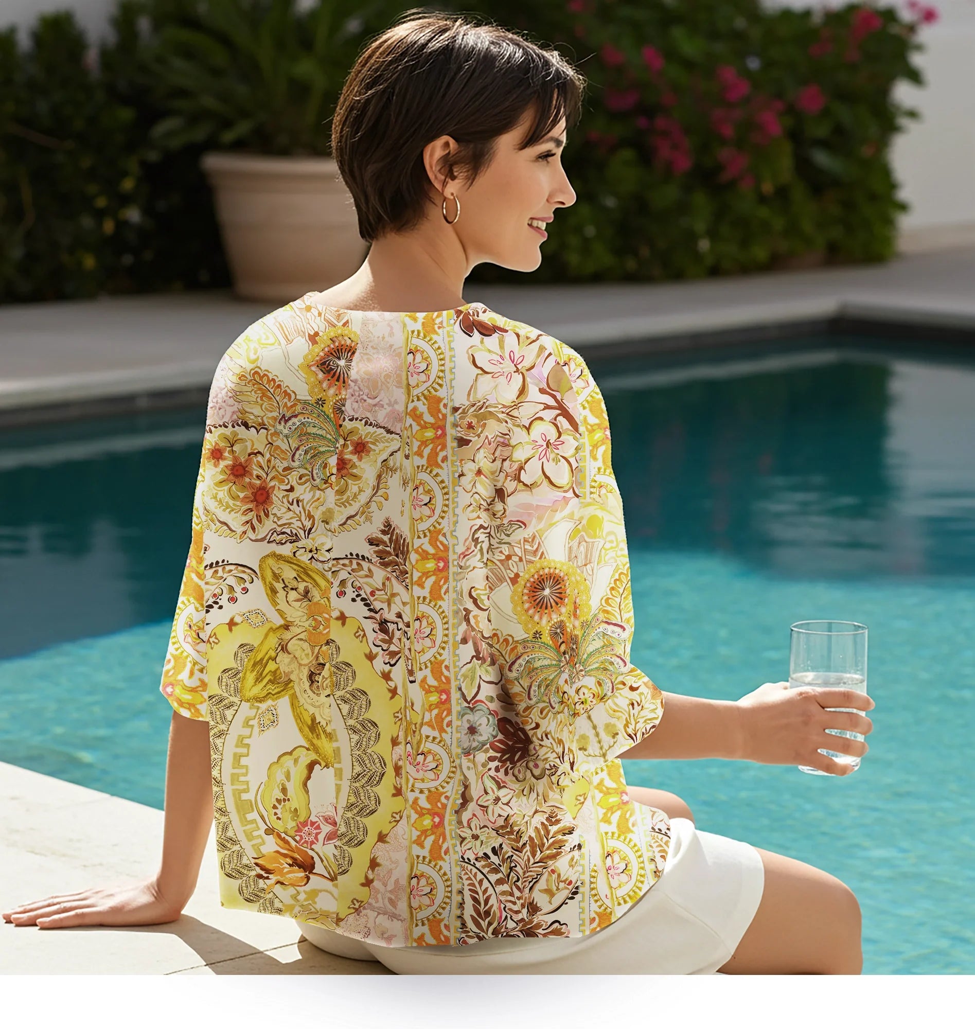 Women Casual Blouse 3/4 Sleeve Round Neck 76% Tencel, 24% Nylon Yellow Aloha Vintage Art Gold