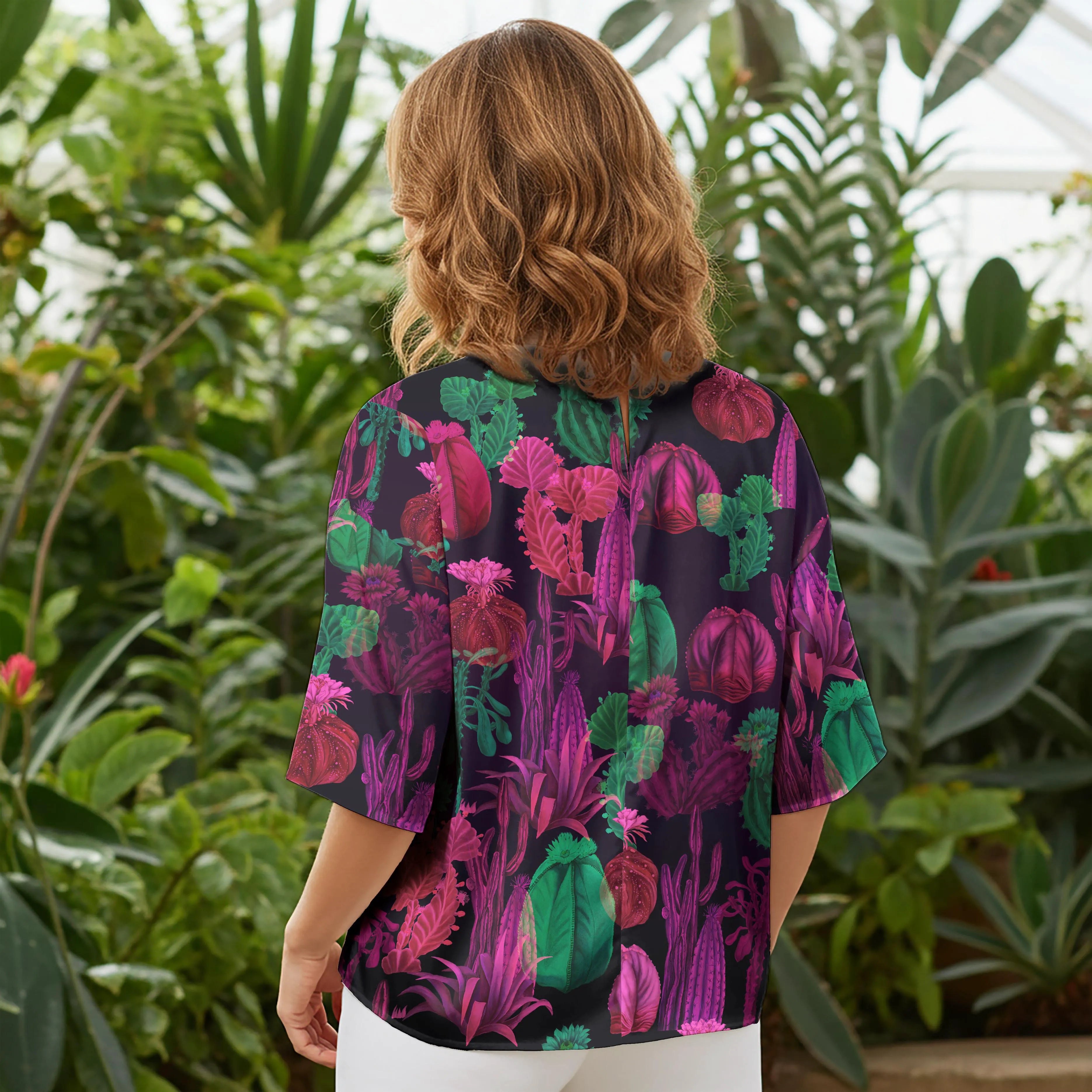 Women Casual Blouse Elbow Sleeve Round Neck Button-Back 100% Tencel Green Aloha Neon Cactus