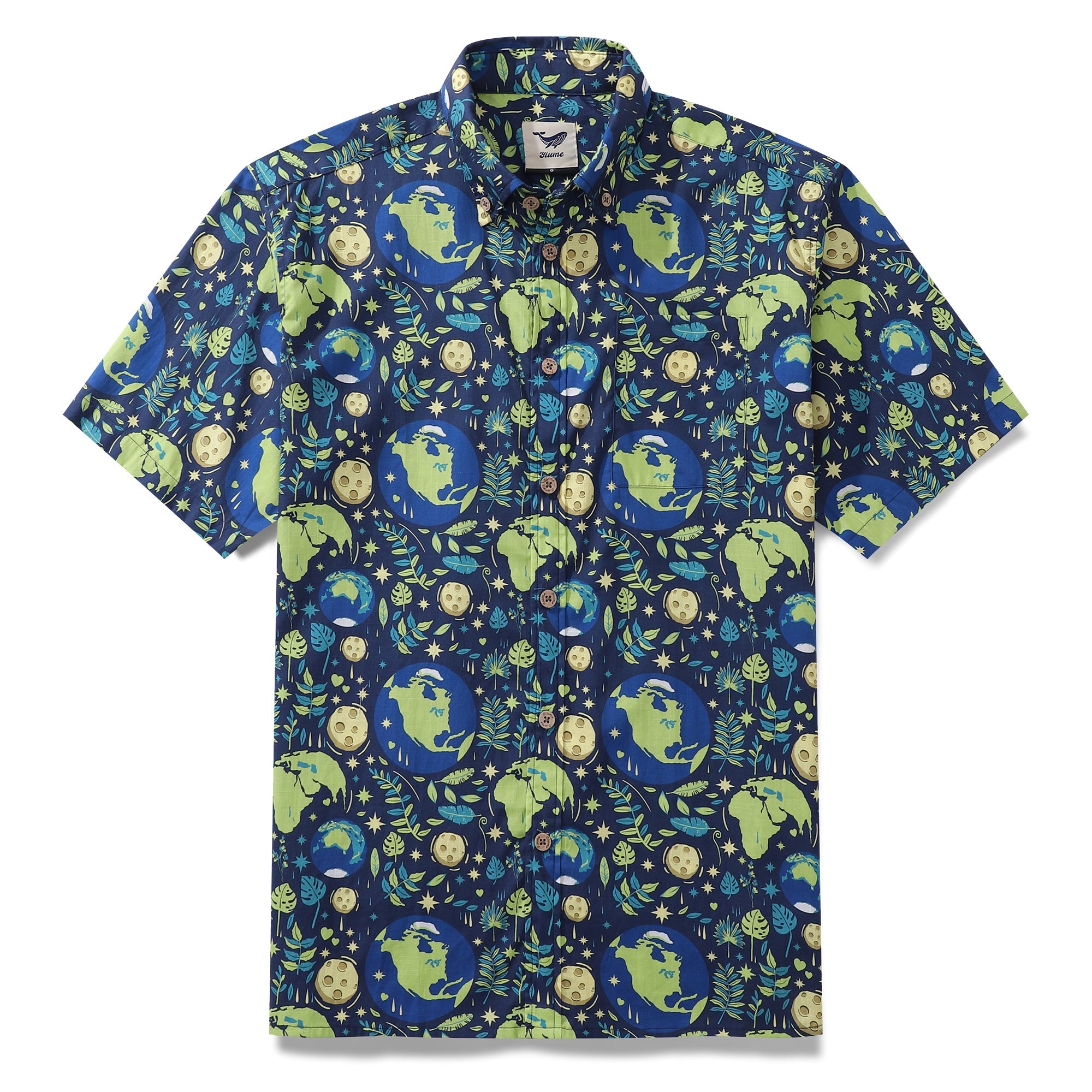 Men's Hawaiian Shirt Blue Planet Cotton Button-down Short Sleeve Aloha Shirt