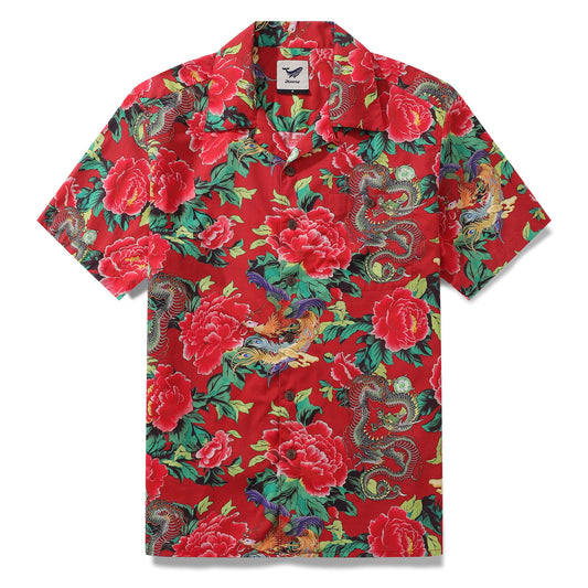 Hawaiian Shirt For Men Red Bloom Northeast Print Shirt Camp Collar 100% Cotton