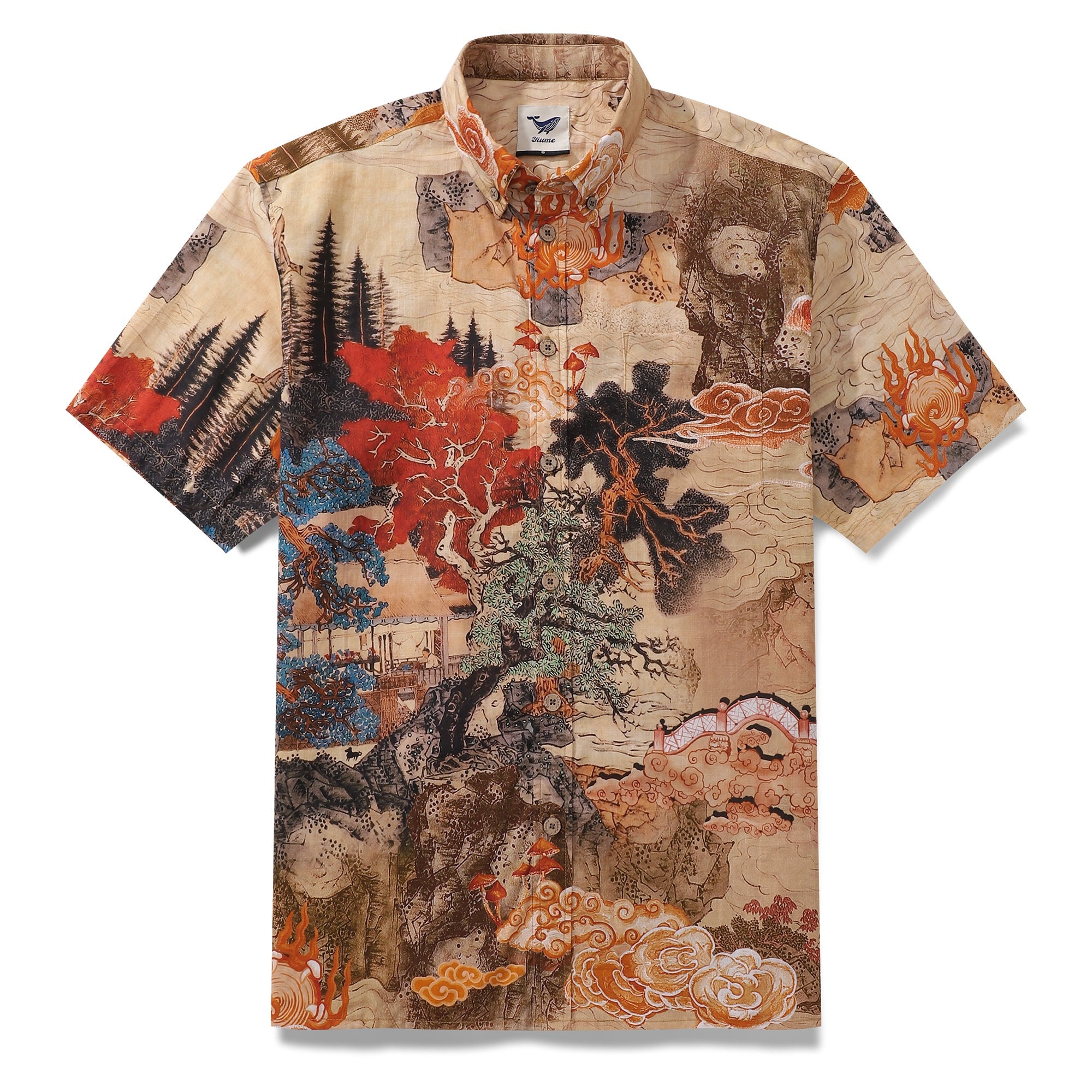 Hawaiian Shirt For Men Cloudy Mountain with Red Tree Button-down Short Sleeve 100% Cotton Shirt