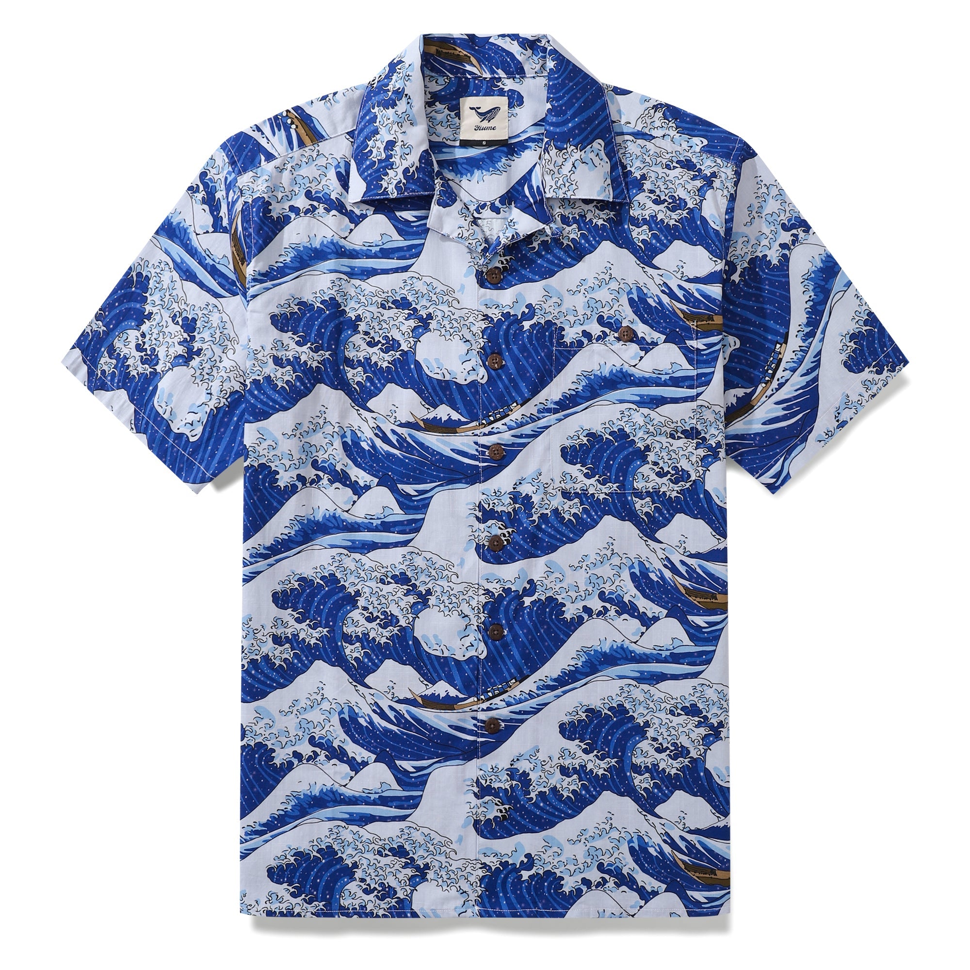 Hawaiian Shirt For Men Ocean Waves Japanese Print Shirt Camp Collar 100% Cotton