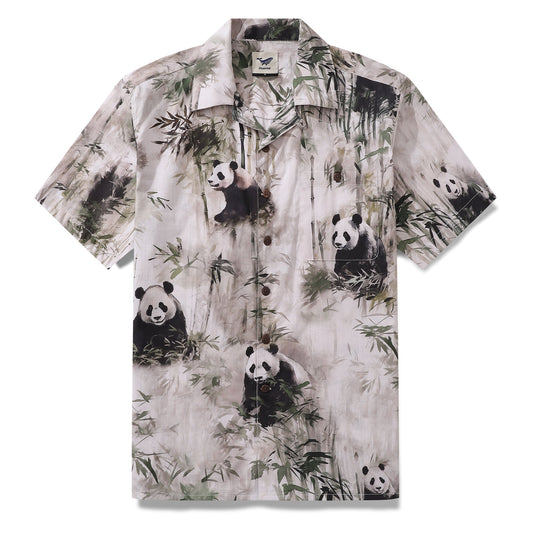 Hawaiian Shirt For Men Panda Bamboo Forest Print Shirt Camp Collar 100% Cotton