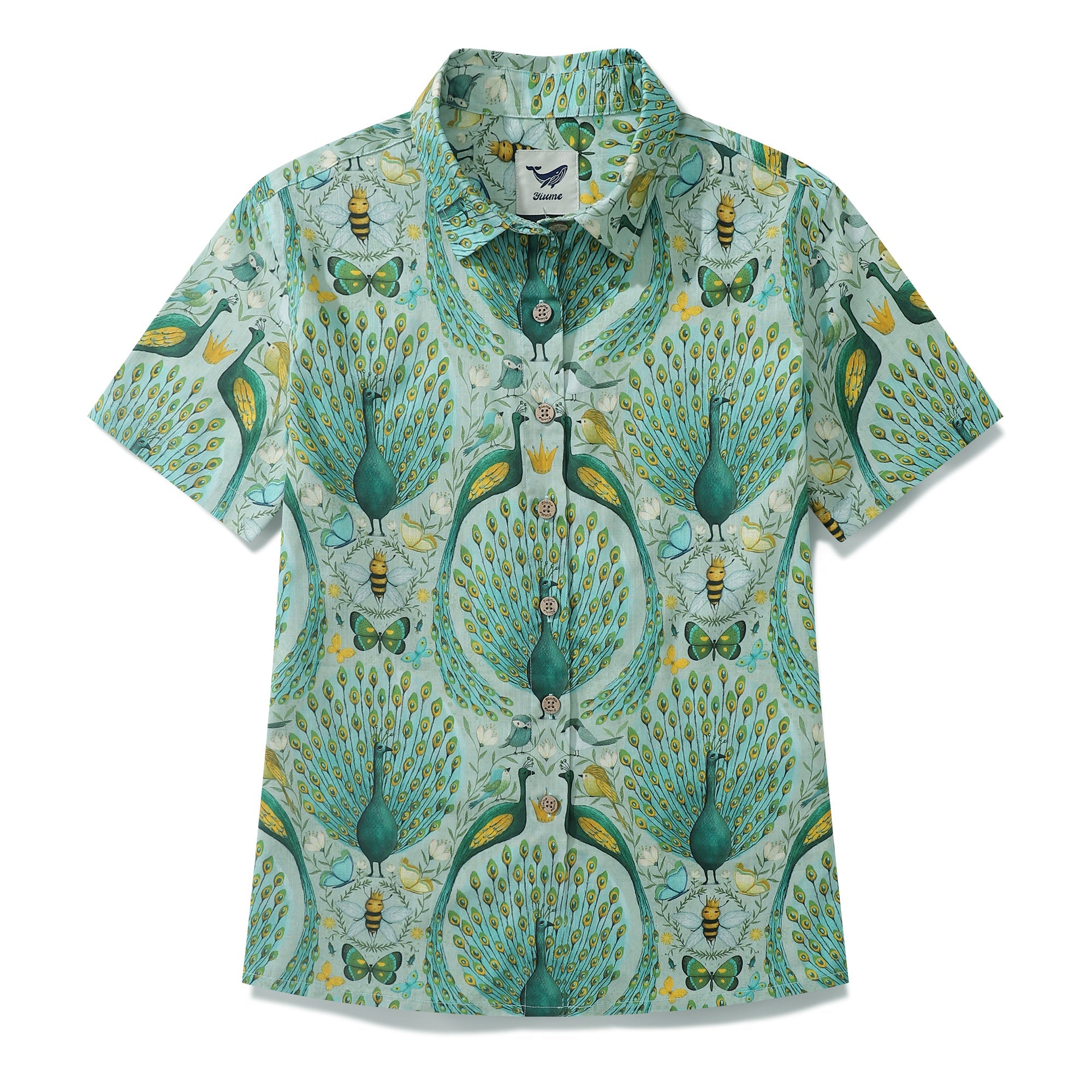 Women's Hawaiian Shirt Peacock By Maja Lindberg Cotton Button-up Short Sleeve