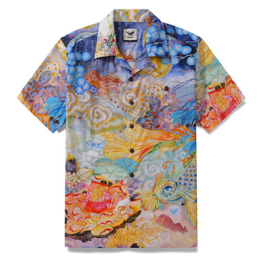 Hawaiian Shirt For Men Cloud-wandering Koi Print Shirt Camp Collar 100% Cotton