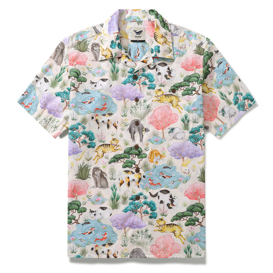 Hawaiian Shirt For Men Japanese Cat Garden By Catherine Rowe Print Shirt Camp Collar 100% Cotton Shirt