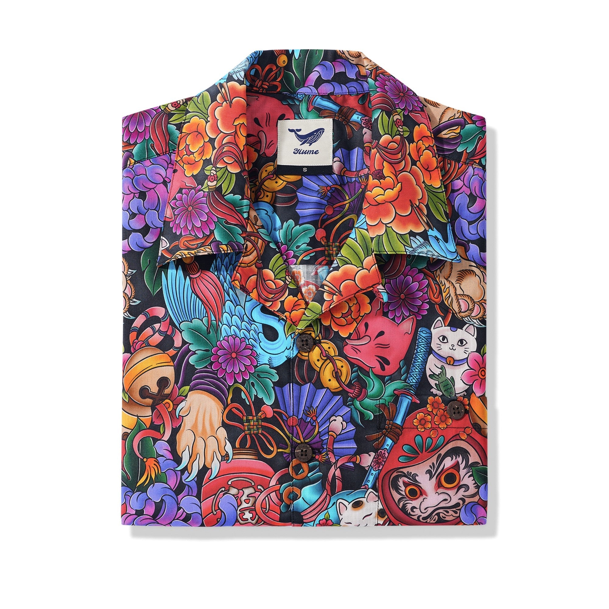 Men's Hawaiian Shirt Short Sleeve Camp Collar 100% Cotton Black Aloha Tokyo Whimsy By Geetanjali Behera, Gee