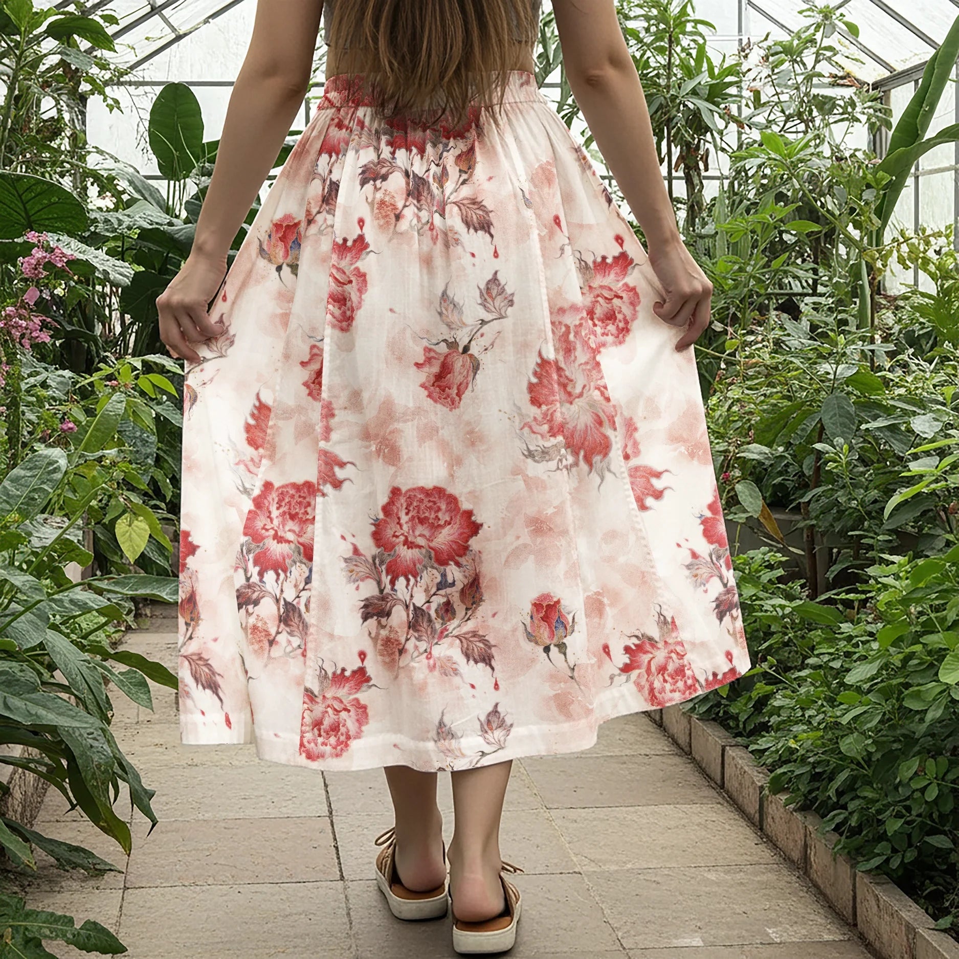 Women Casual Maxi Skirt Long Elastic Waist with Pockets 100% Cotton Blue Aloha Dreamy Floral Romance