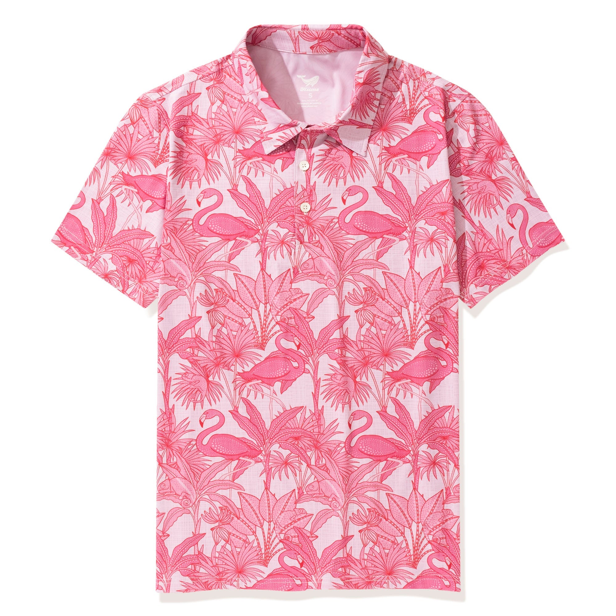Men's Hawaiian Polo Shirt Short Sleeve 83% Recycled polyester 17% Spandex Aloha Flamingos & Chameleons By House of Haricot