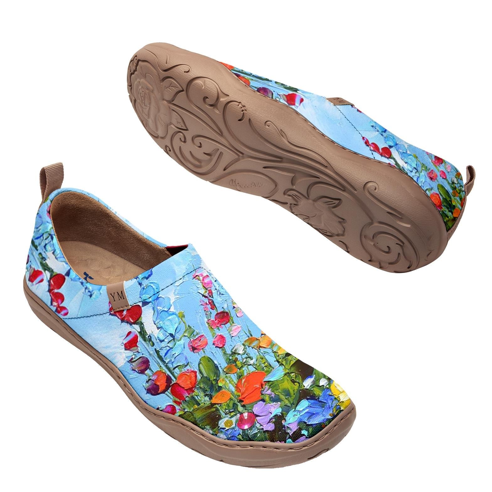 Women's Foldable Loafers,Blue Floral Oil Painting Women's Slip-On Sneakers,100% Cotton