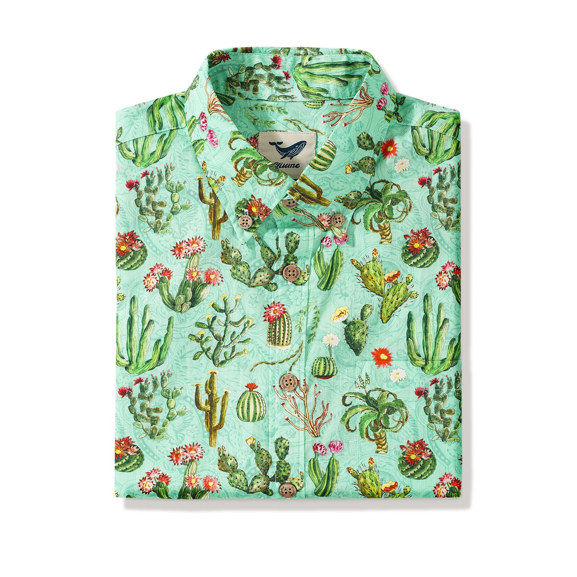 Men's Hawaiian Shirt Short Sleeve Button-down 100% Cotton Green Aloha Western Cactus Oasis