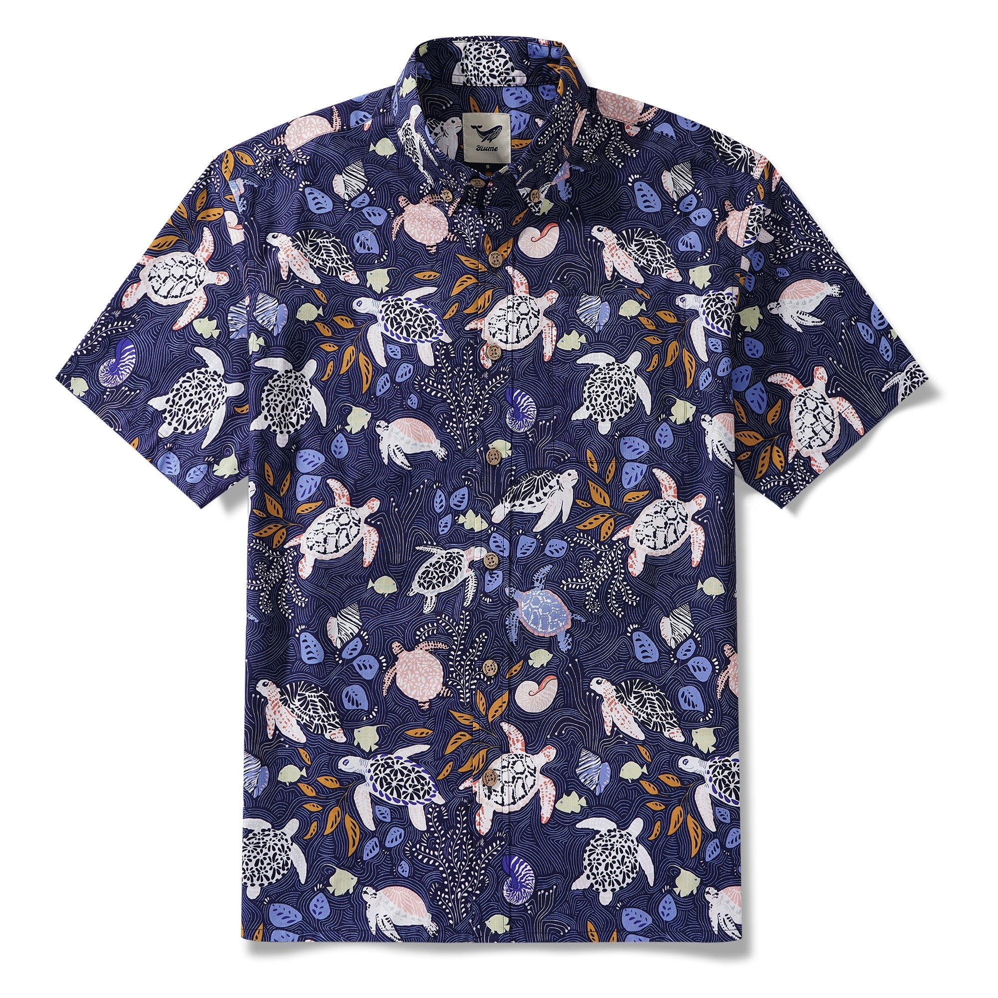 Men's Hawaiian Shirt Short Sleeve Button-down 100% Cotton Blue Aloha Happy sea turtles family navy blue By Annick