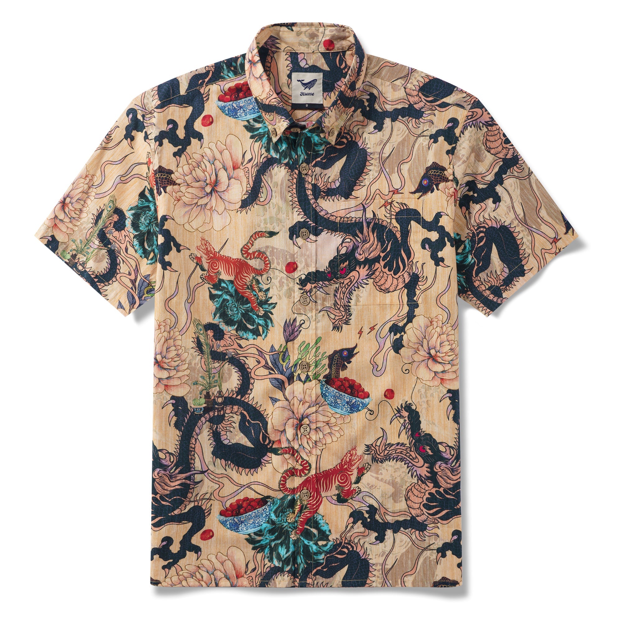 Dragon Dance and Cherry Blossoms 100% Cotton Men's Short Sleeve Button-down Shirt Aloha Hawaiian