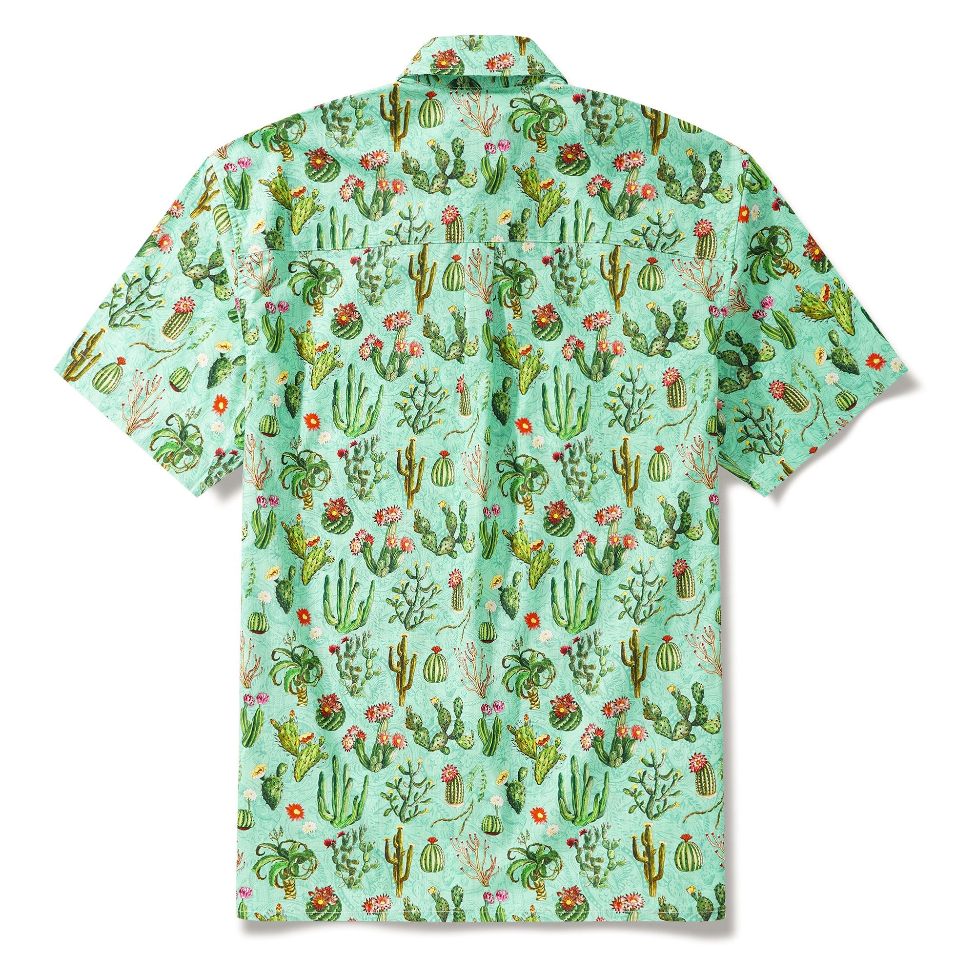 Men's Hawaiian Shirt Short Sleeve Button-down 100% Cotton Green Aloha Western Cactus Oasis