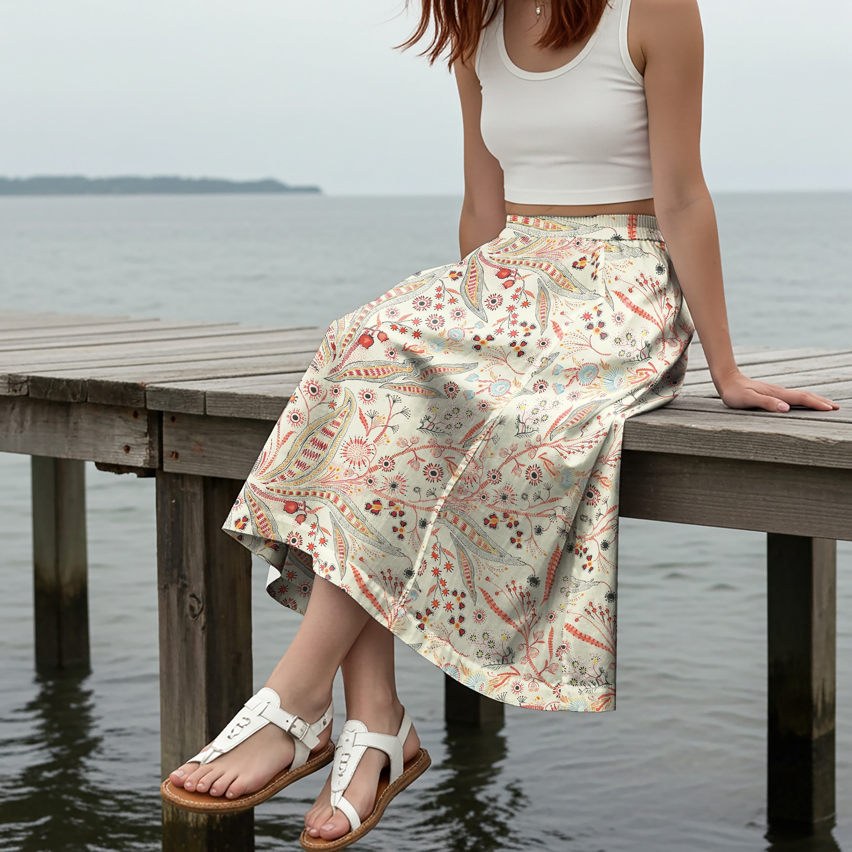 Women Casual Maxi Skirt Long Elastic Waist with Pockets 100% Cotton Beige Aloha Romantic Floral Jacquard Decoration