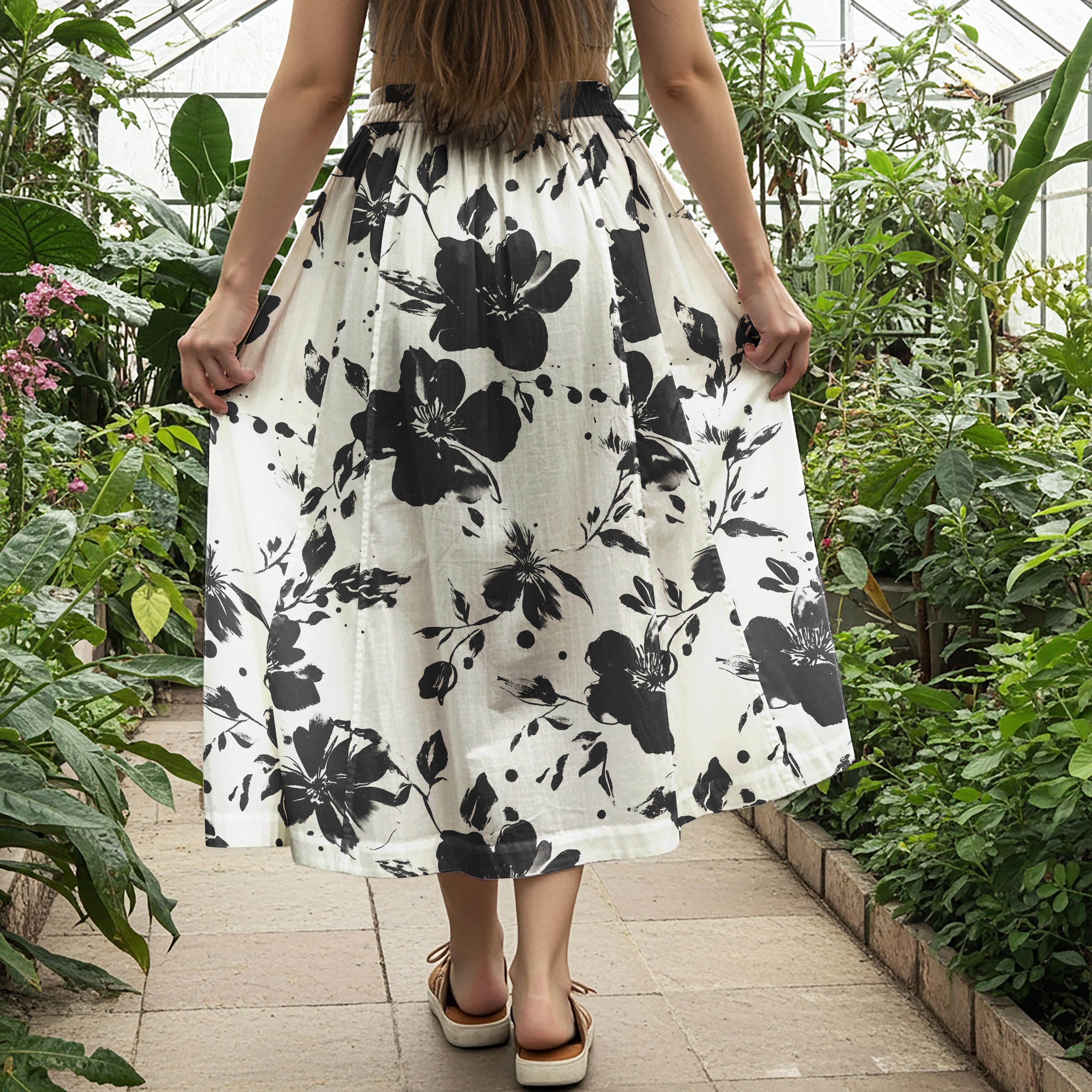 Women Casual Maxi Skirt Long Elastic Waist 100% Cotton Black Aloha Ink Essence