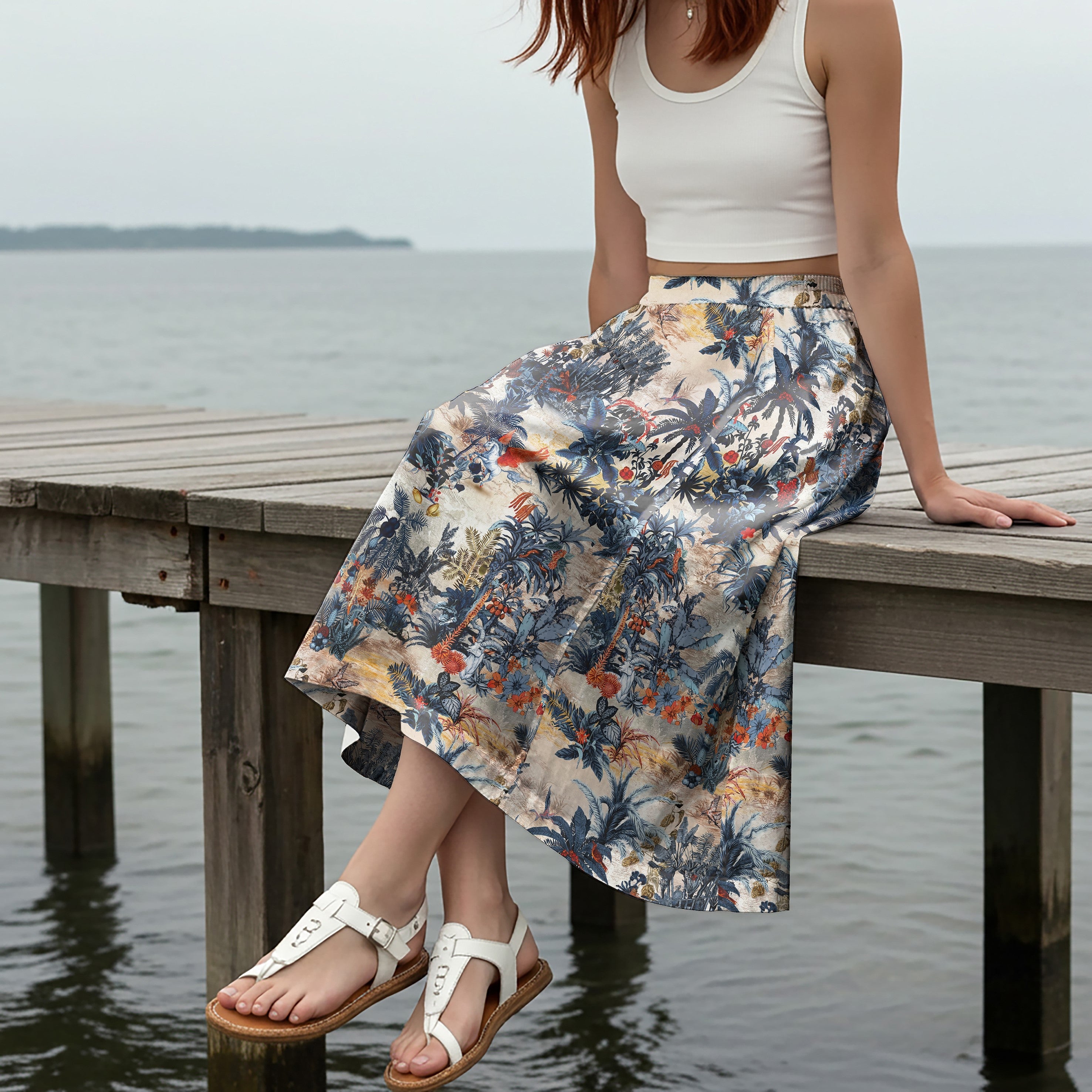 Women Casual Maxi Skirt Long Elastic Waist with Pockets 100% Cotton Blue Aloha Enchanted Forest Realm