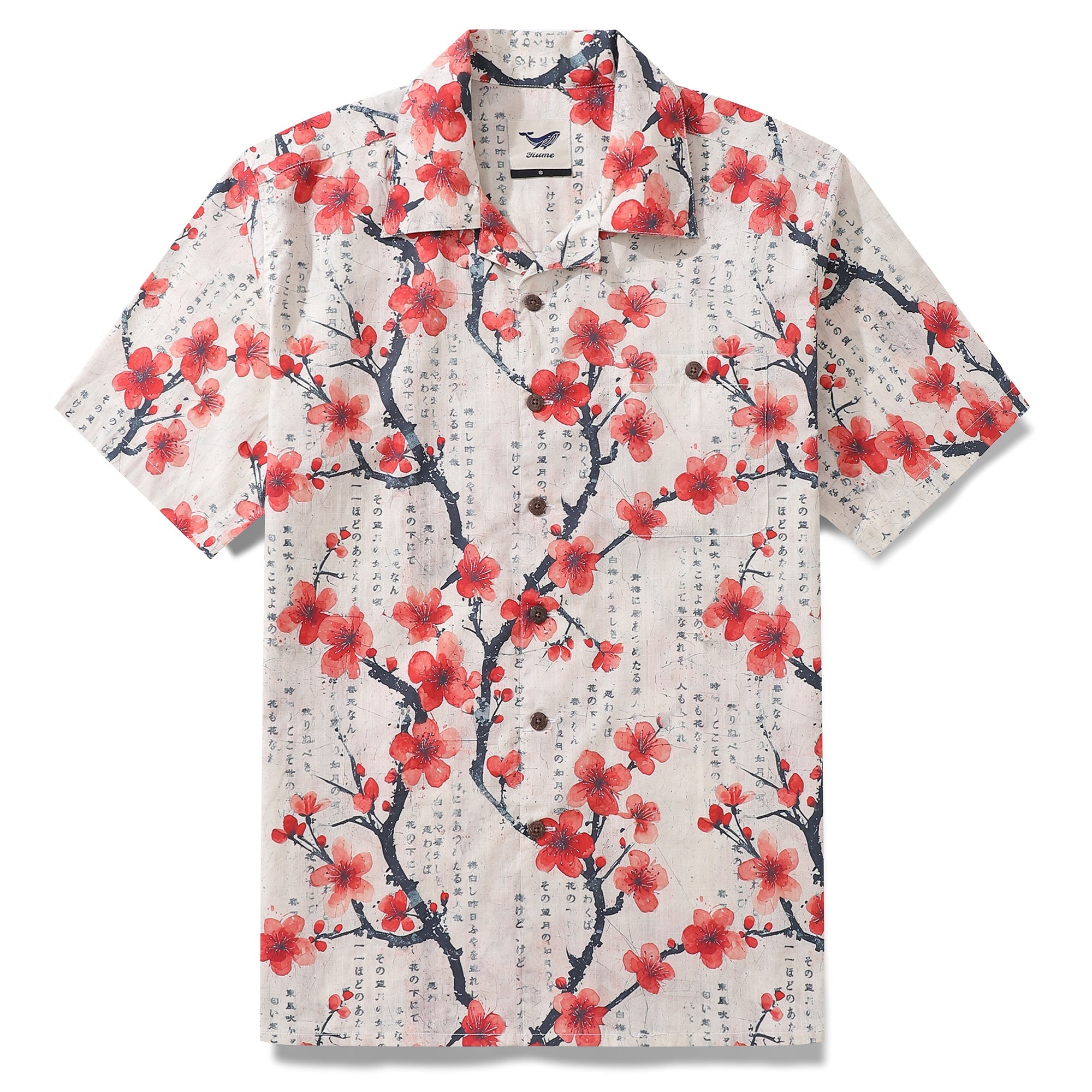 100% Cotton Hawaiian Shirt For Men Poetic Plum Blossoms Camp Collar Shirt