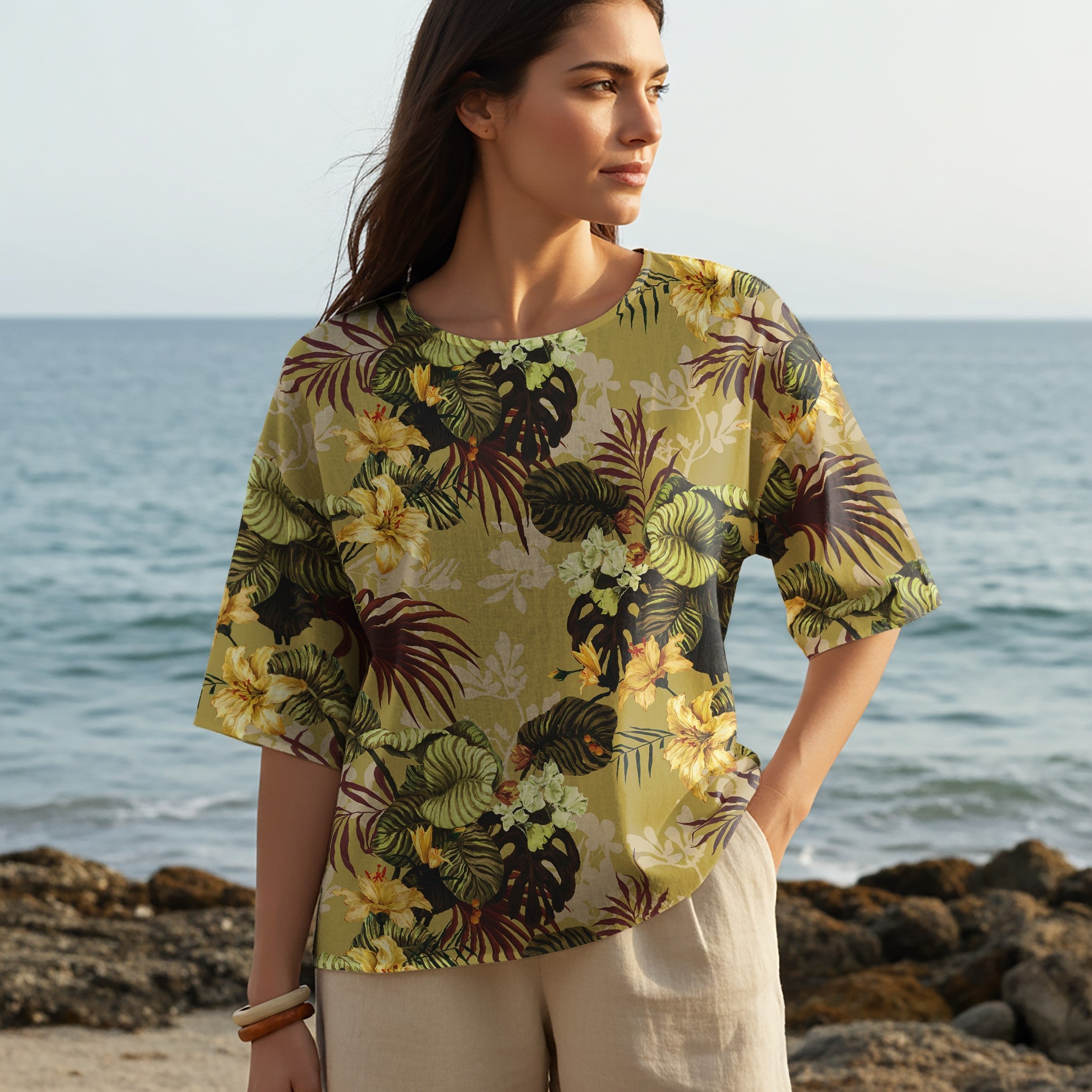 Women Casual Blouse Elbow Sleeve Round Neck Button-Back 95% Tencel, 5% Linen Yellow Aloha Warm Brown Tropical Floral Silhouette