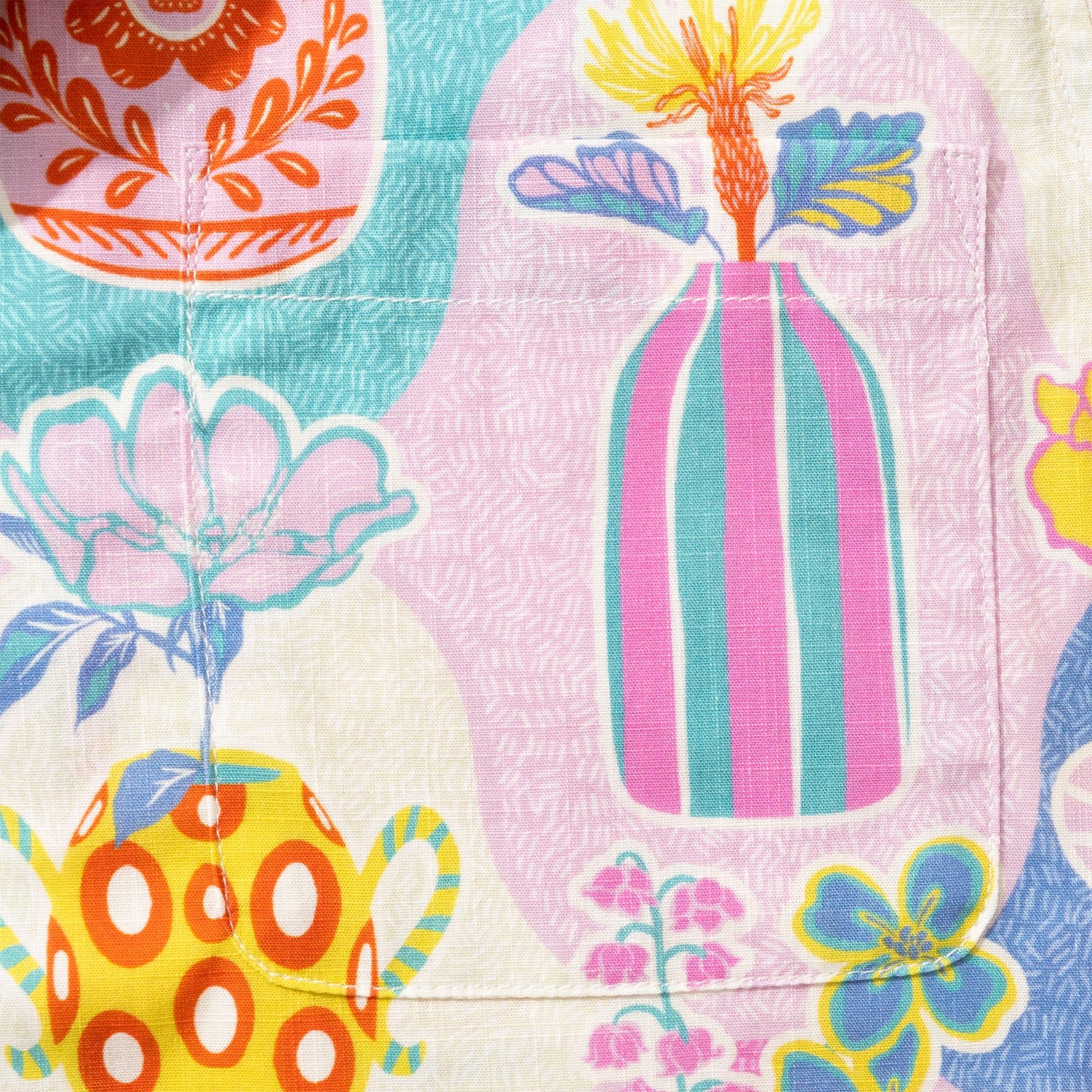 Women's Hawaiian Shirt Short Sleeve Camp Collar 100% Cotton Orange Aloha Colorful Kitschy Vases By Mona Ahmed