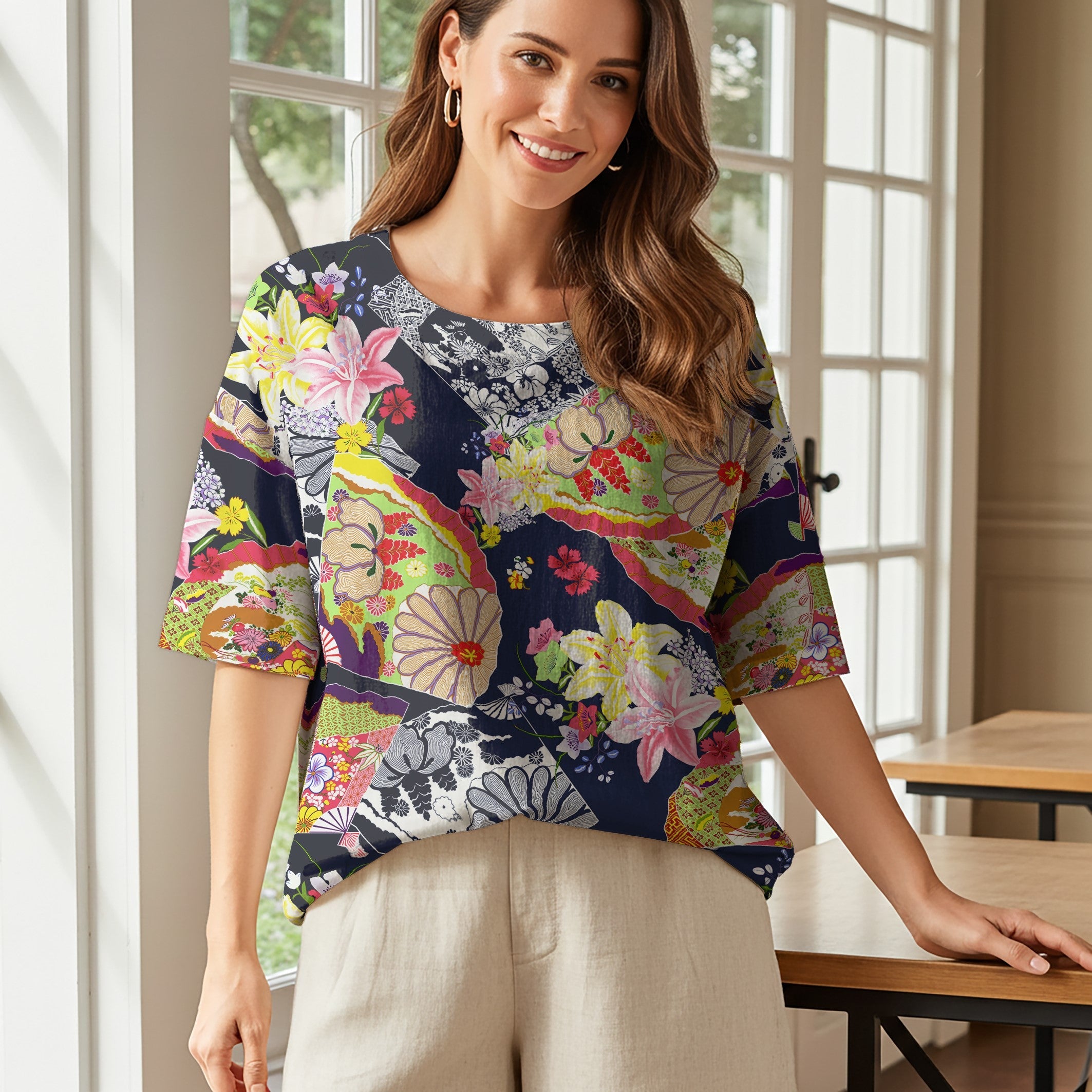Women Casual Blouse 3/4 Sleeve Round Neck 95% Tencel, 5% Linen Blue Aloha Graceful Japanese Floral Fan