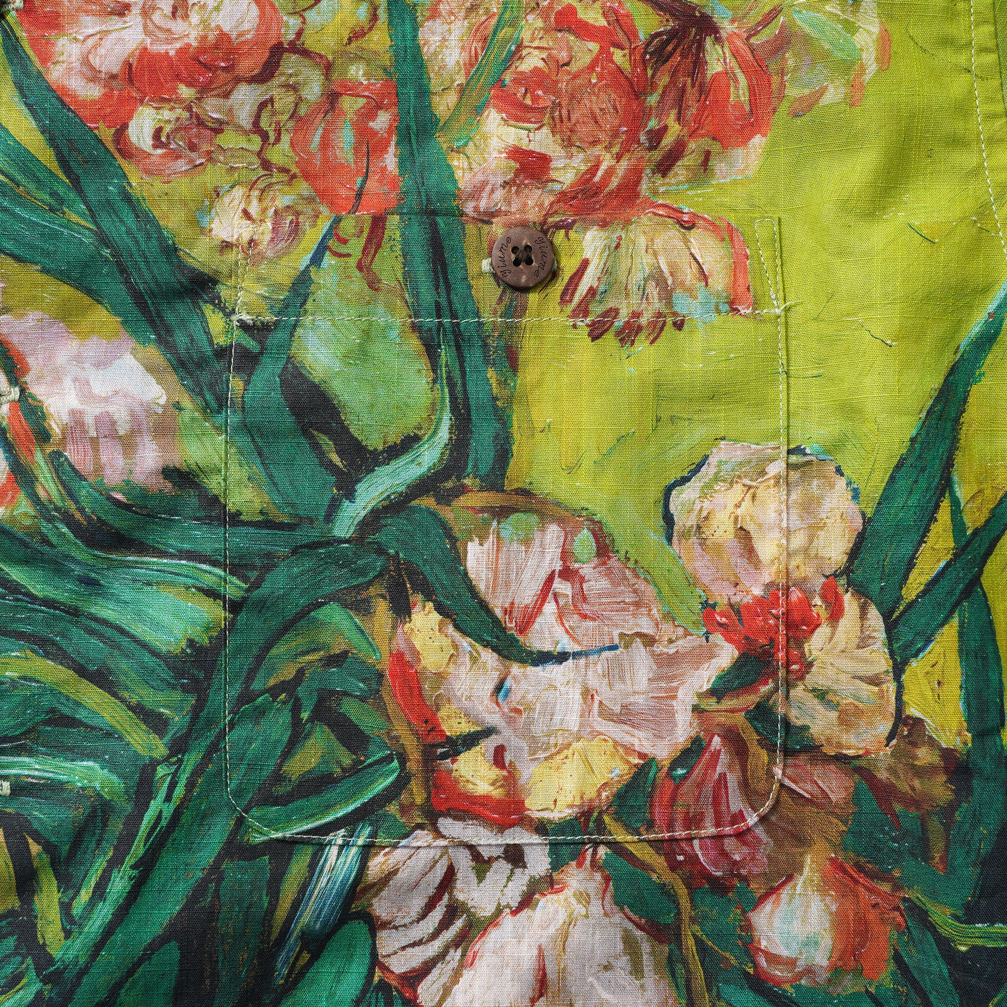 Men's Hawaiian Shirt Short Sleeve Camp Collar 100% Cotton Green Aloha Van Gogh Blossoms