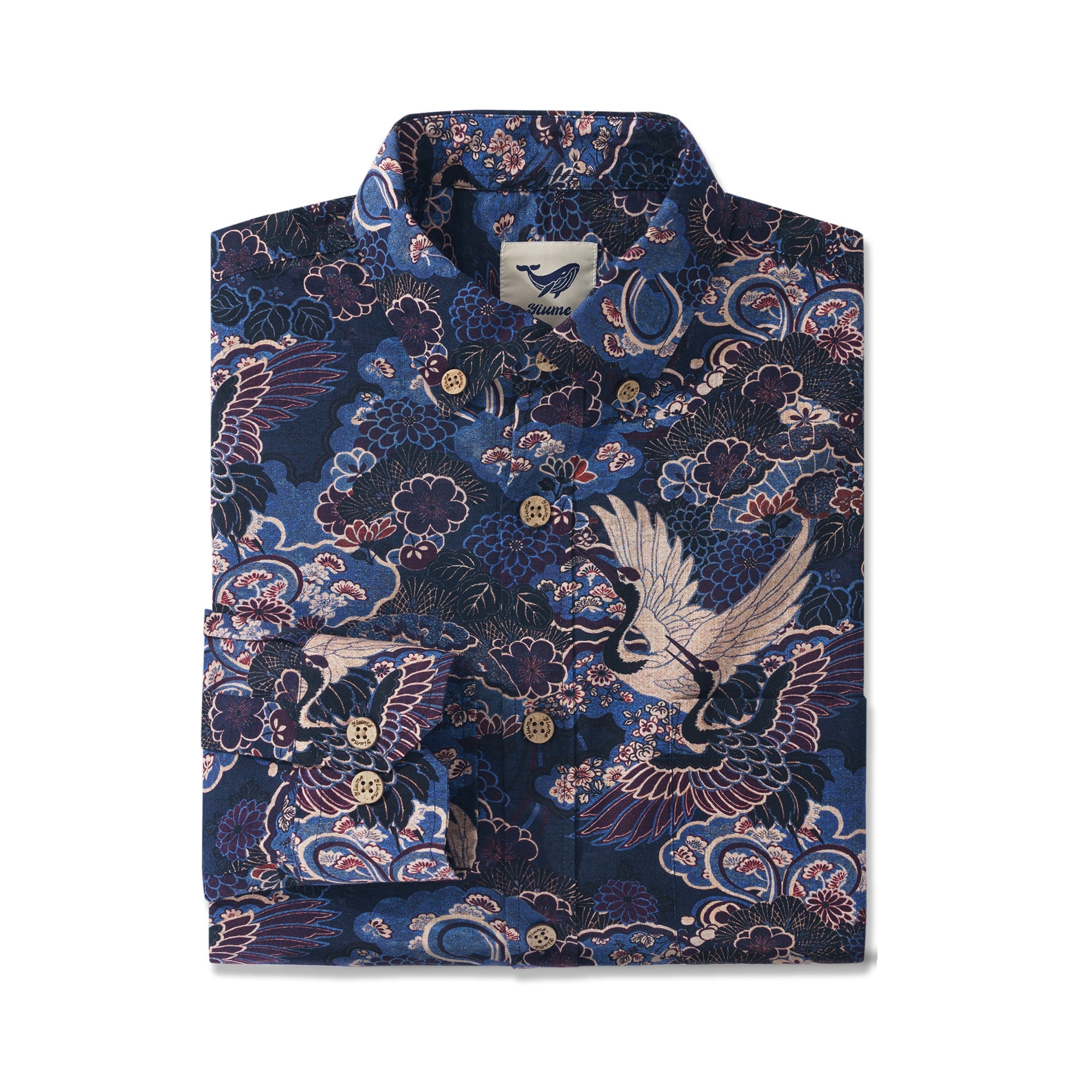 Midnight Blue Crane Reverie 100% Cotton Men's Aloha Hawaiian Long Sleeve Button-down Shirt