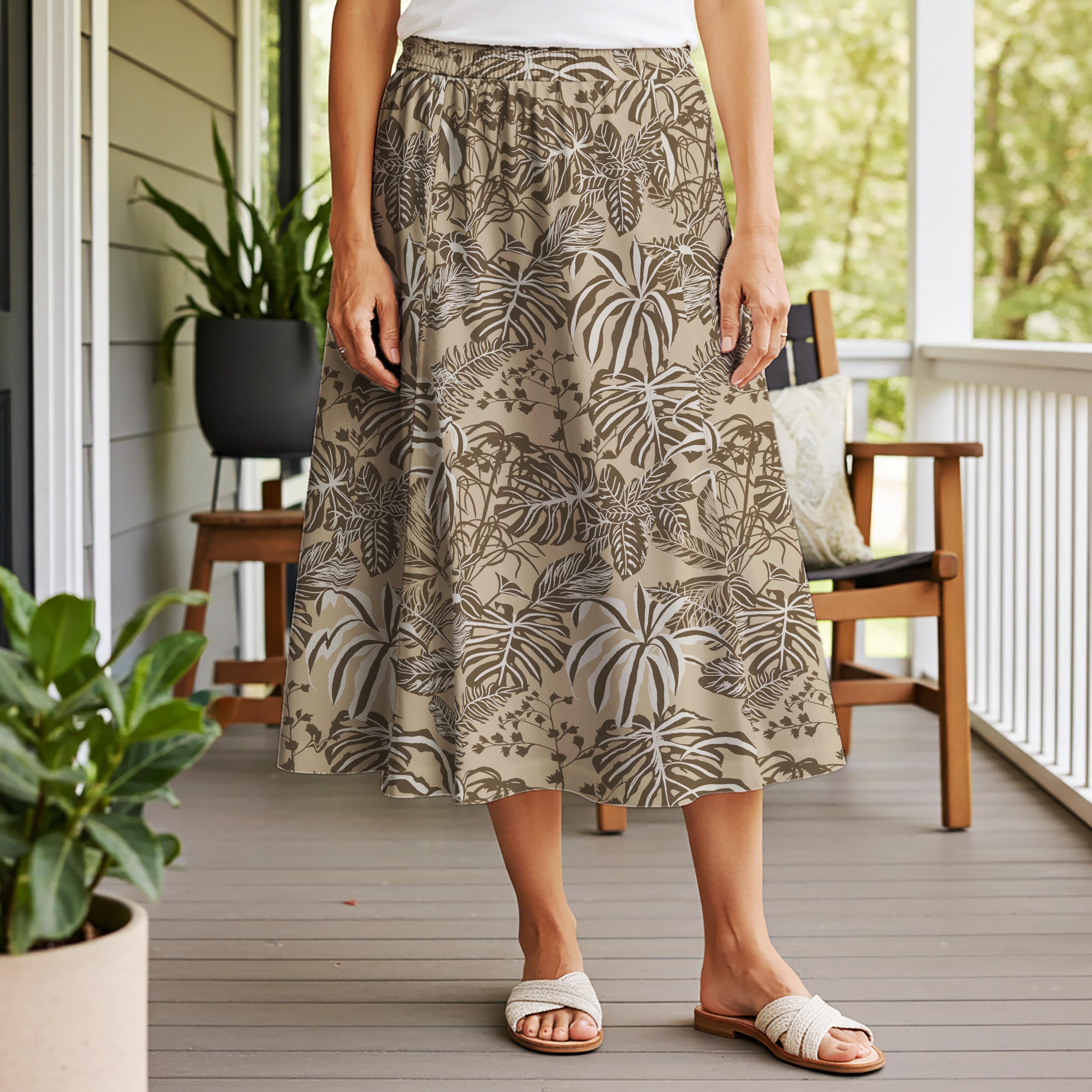 Women Casual Maxi Skirt Long Elastic Waist 100% Cotton Brown Aloha Tropical Beach Vibes