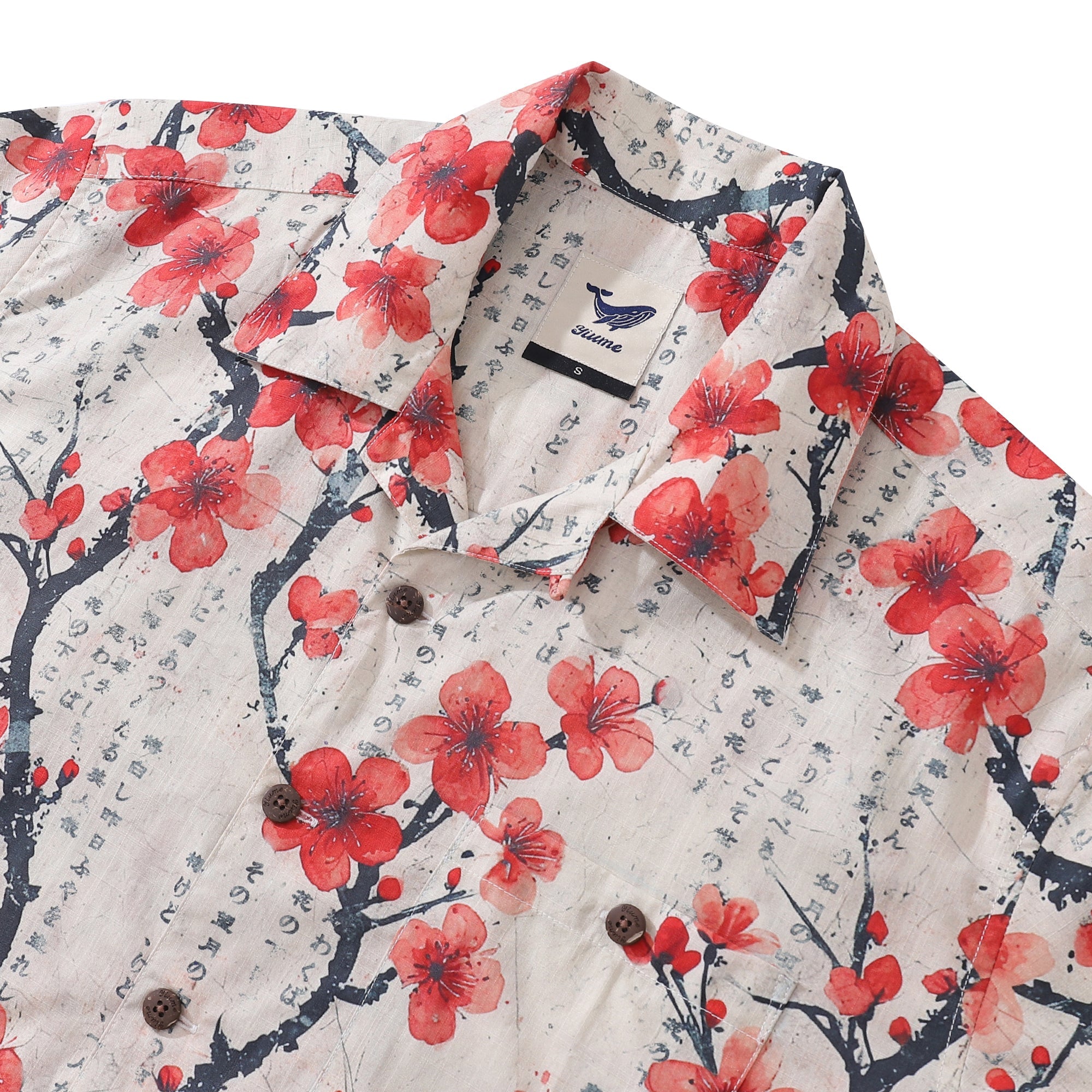 100% Cotton Hawaiian Shirt For Men Poetic Plum Blossoms Camp Collar Shirt