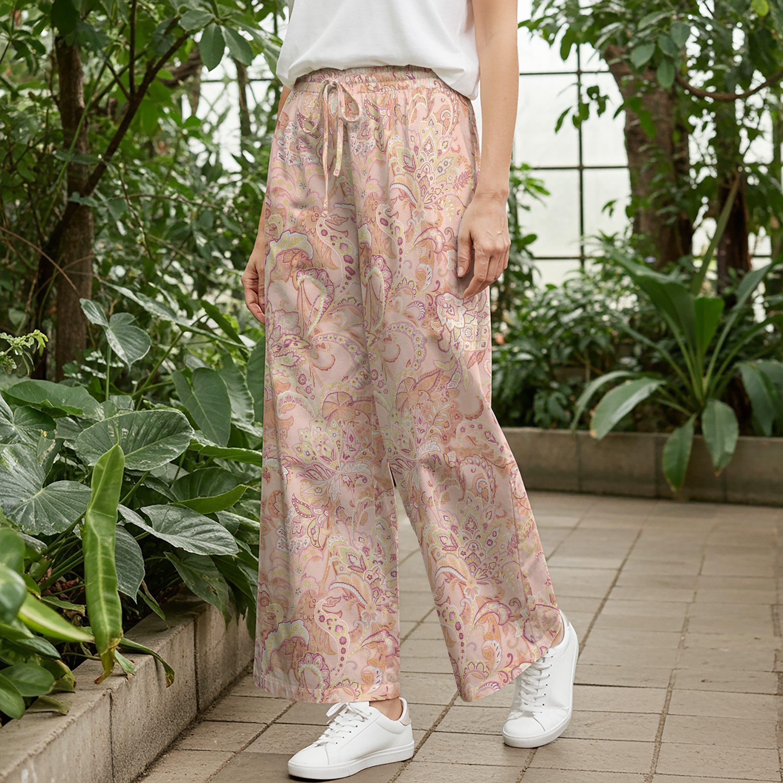 Women Casual Pants Lounge Elastic Waist Drawstring 93% Tencel 7% Linen Aloha Paisley Powder Dream
