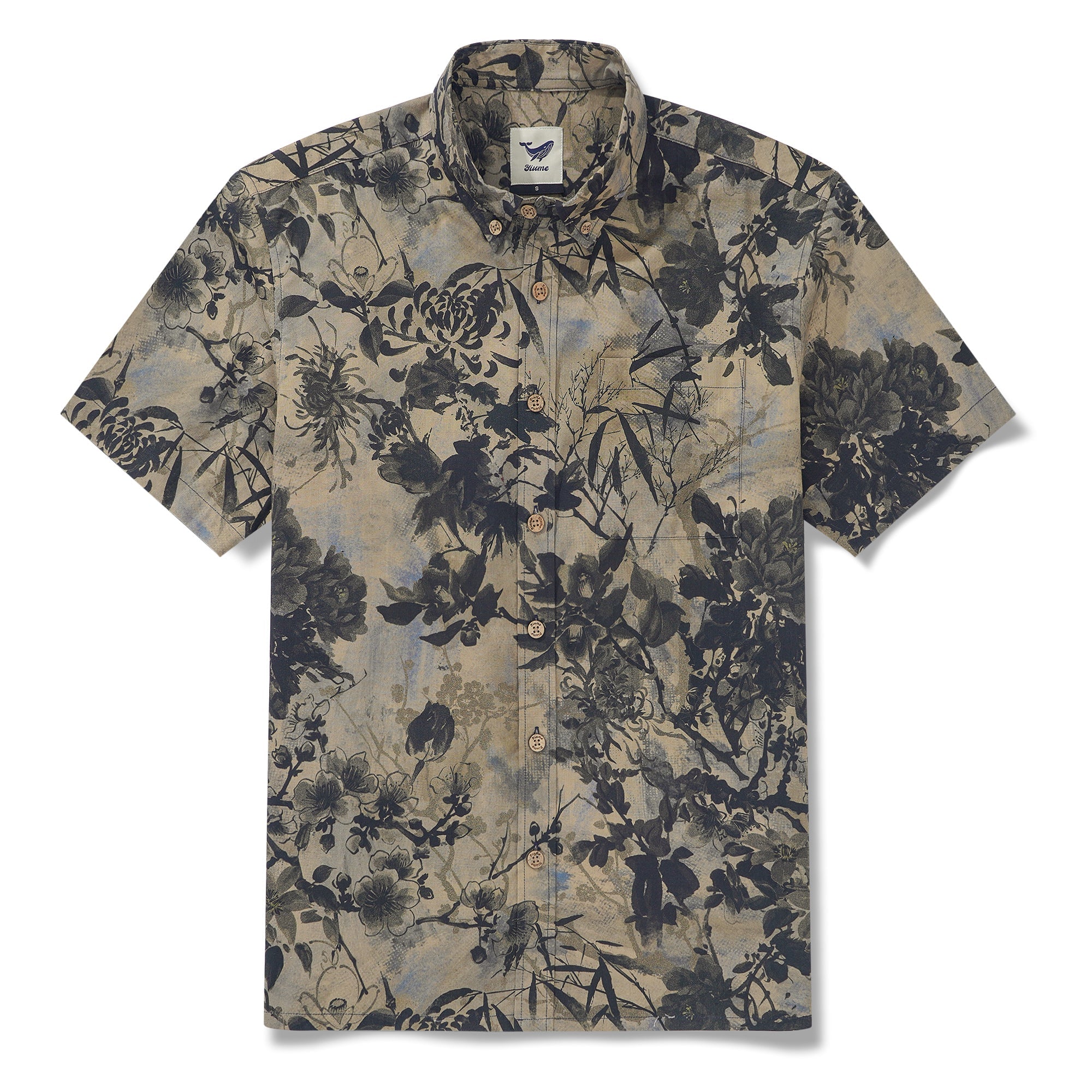 Men's Hawaiian Shirt Short Sleeve Button-down 100% Cotton Brown Aloha Oriental Essence