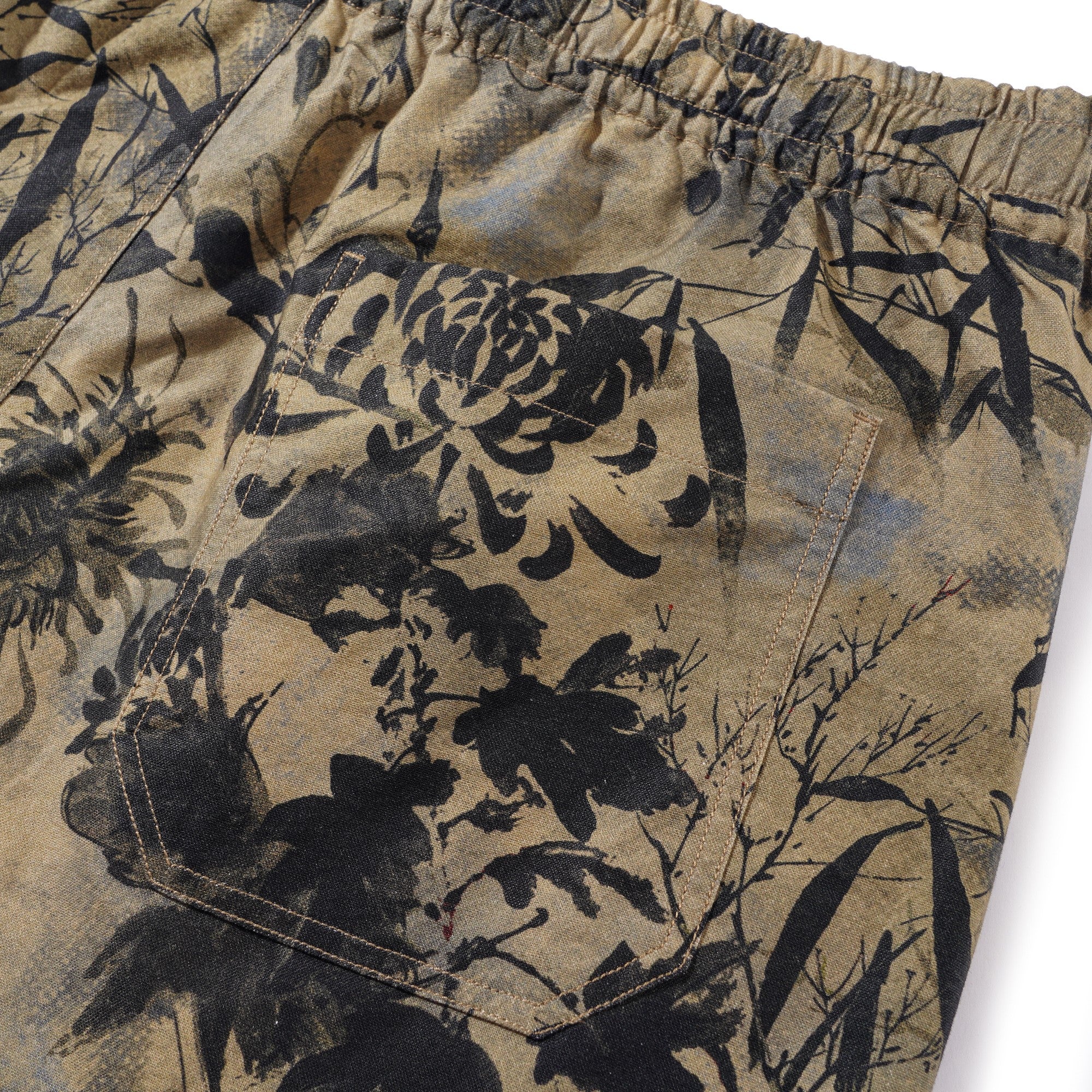 Men's Printed Floral Drawstring Shorts 100% Cotton Brown Aloha Oriental Essence