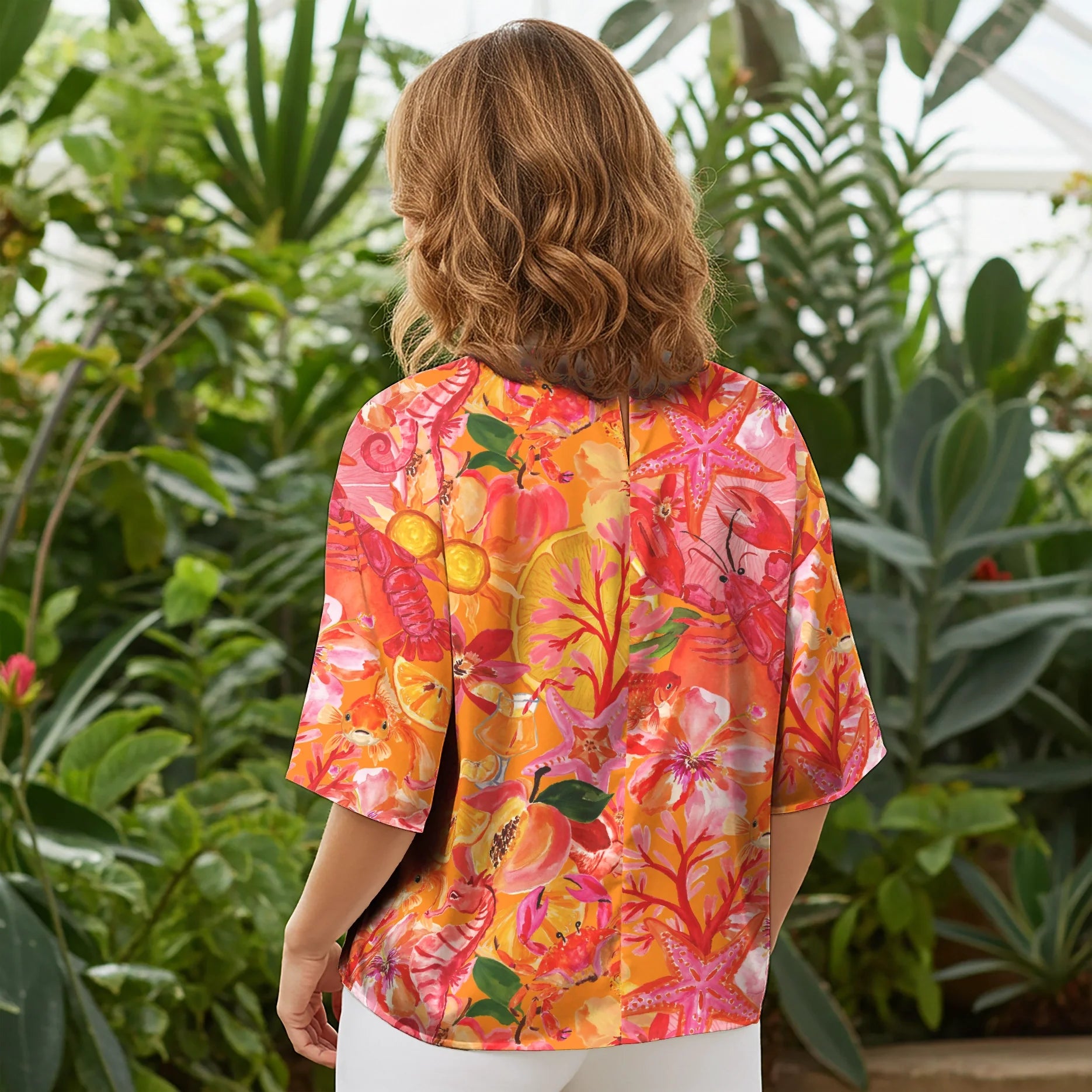 Women Casual Blouse Elbow Sleeve Round Neck Button-Back 100% Tencel Orange Aloha Tropical Seaside Fiesta Print