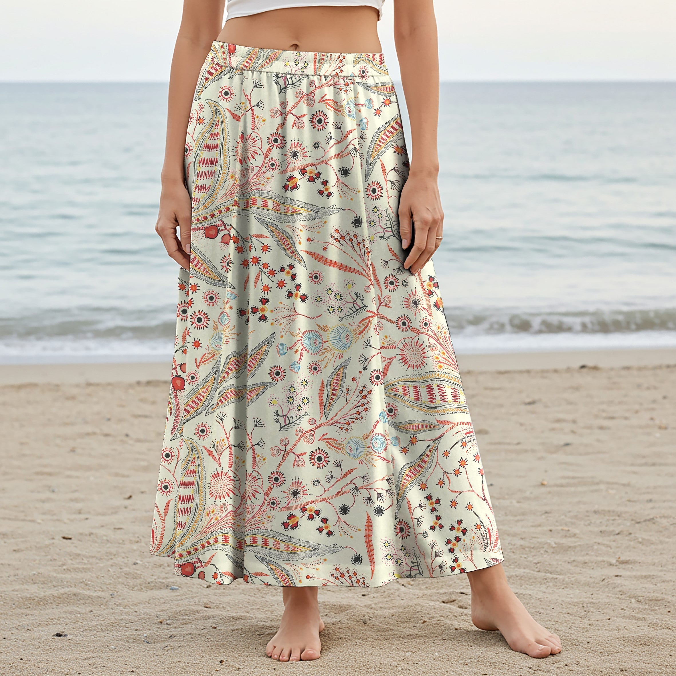 Women Casual Maxi Skirt Long Elastic Waist with Pockets 100% Cotton Beige Aloha Romantic Floral Jacquard Decoration