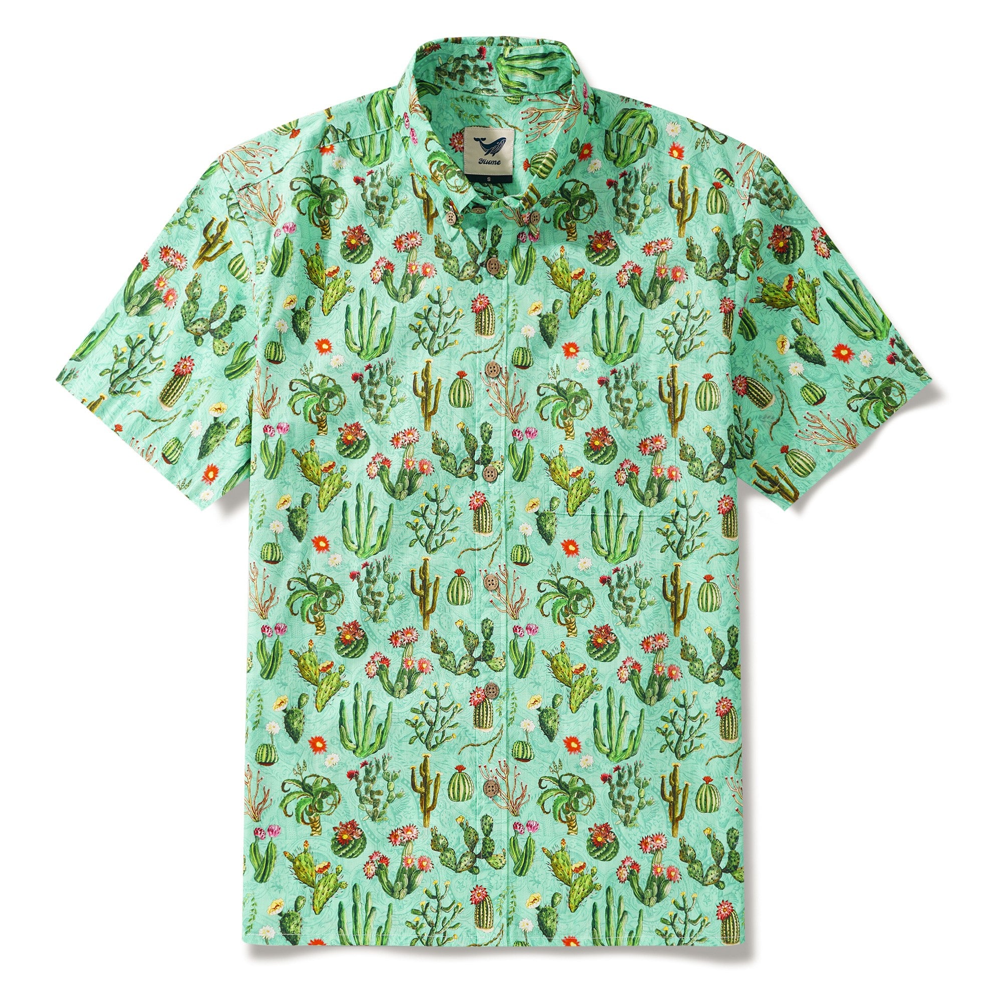 Men's Hawaiian Shirt Short Sleeve Button-down 100% Cotton Green Aloha Western Cactus Oasis