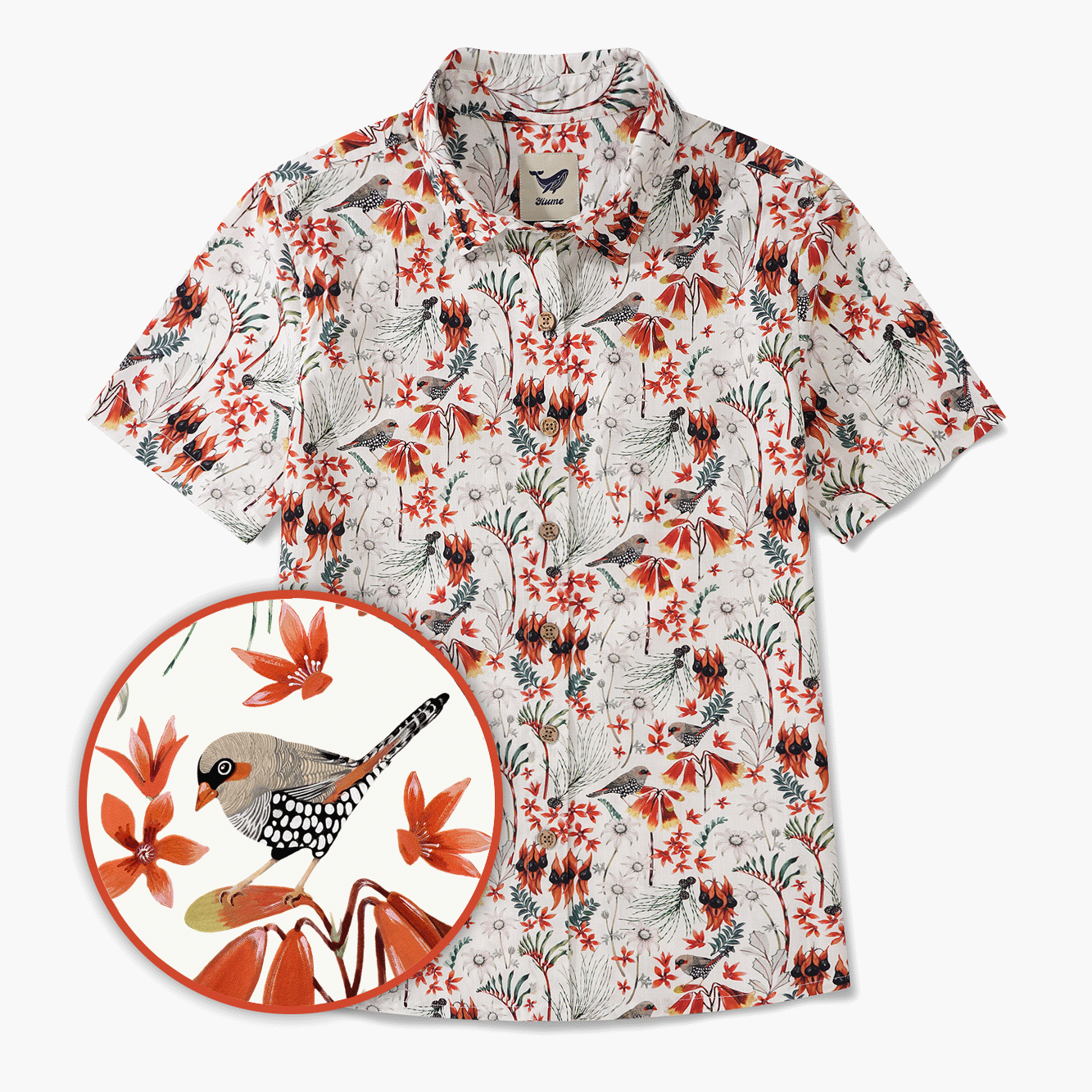 Women's Hawaiian Shirt Short Sleeve Button-up 100% Cotton Green Aloha Firetail Finches By Eloise