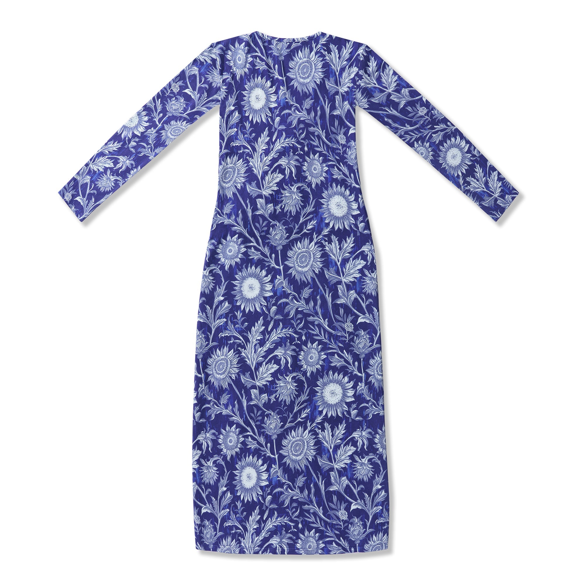 Women Hawaiian Dress Blue and White Porcelain Sunflower V-Neck Long Sleeve Dress