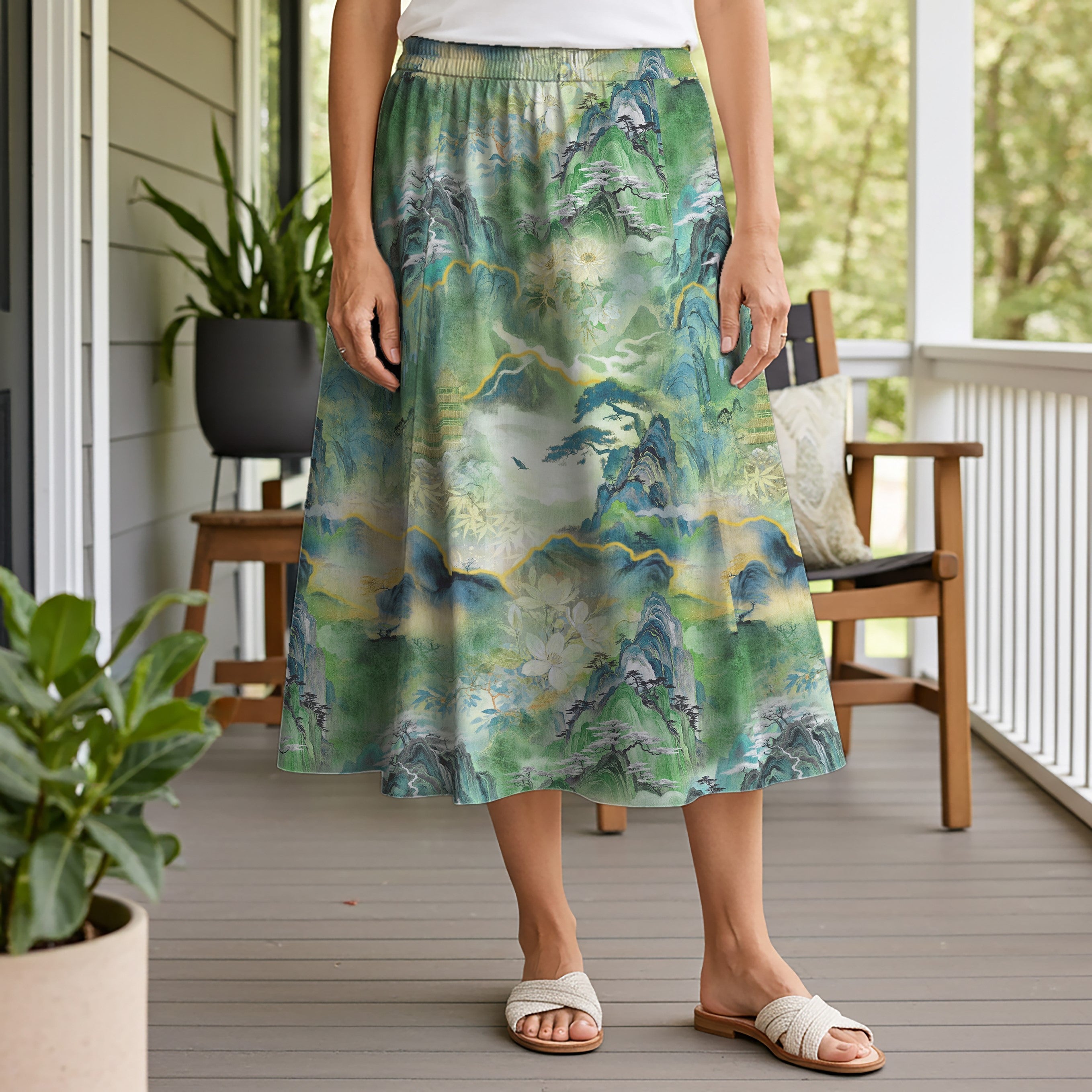 Women Casual Maxi Skirt Long Elastic Waist with Pockets 100% Cotton Green Aloha Emerald Enchanted Mountain Realm