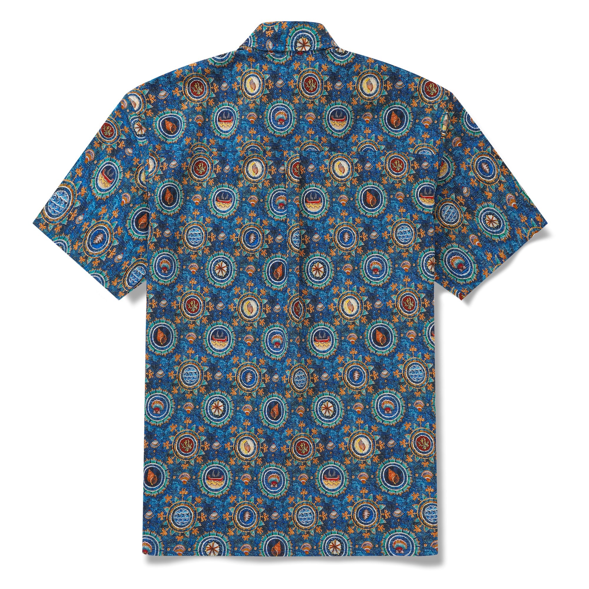 Men's Hawaiian Shirt Short Sleeve Button-down 100% Cotton Blue Aloha Shell Mosaic
