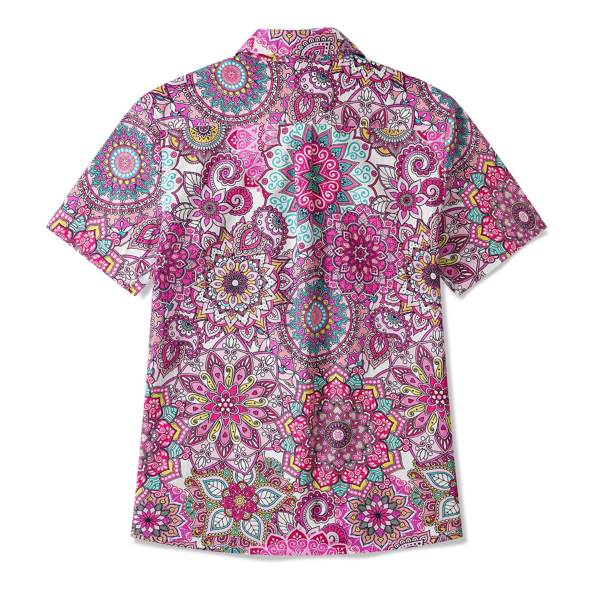 Pink Mandala 100% Cotton Women's Short Sleeve Button-up Shirt Red Aloha Hawaiian