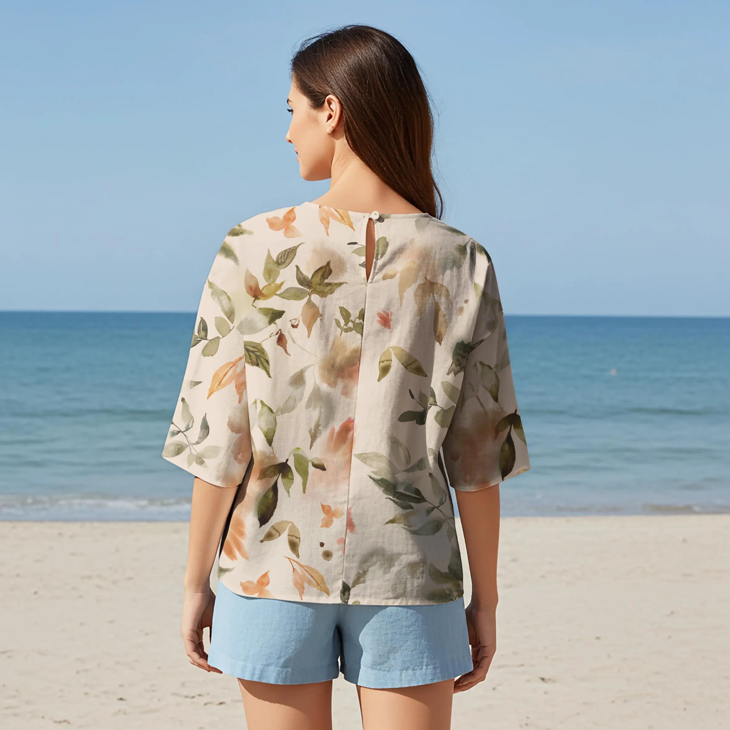 Women Casual Blouse Elbow Sleeve Round Neck Button-Back 95% Tencel, 5% Linen Brown Aloha Tranquility Of Autumn Leaves