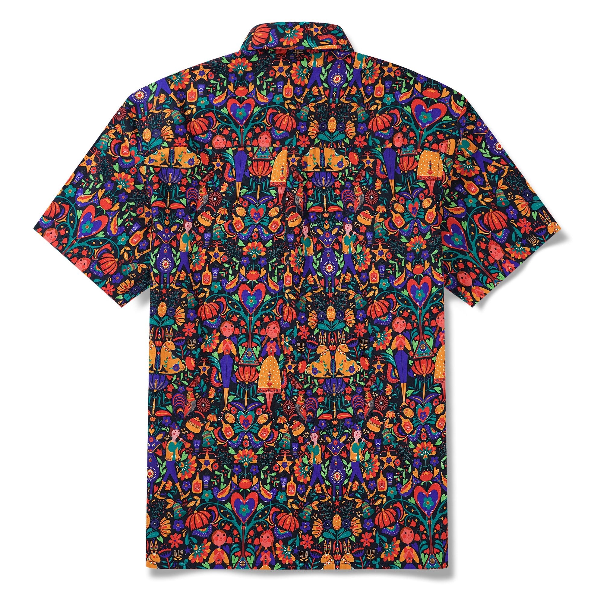 Men's Hawaiian Shirt Short Sleeve Button-down 100% Cotton Black Aloha Scandinavian Folk Party By Pallavi Chaudhary